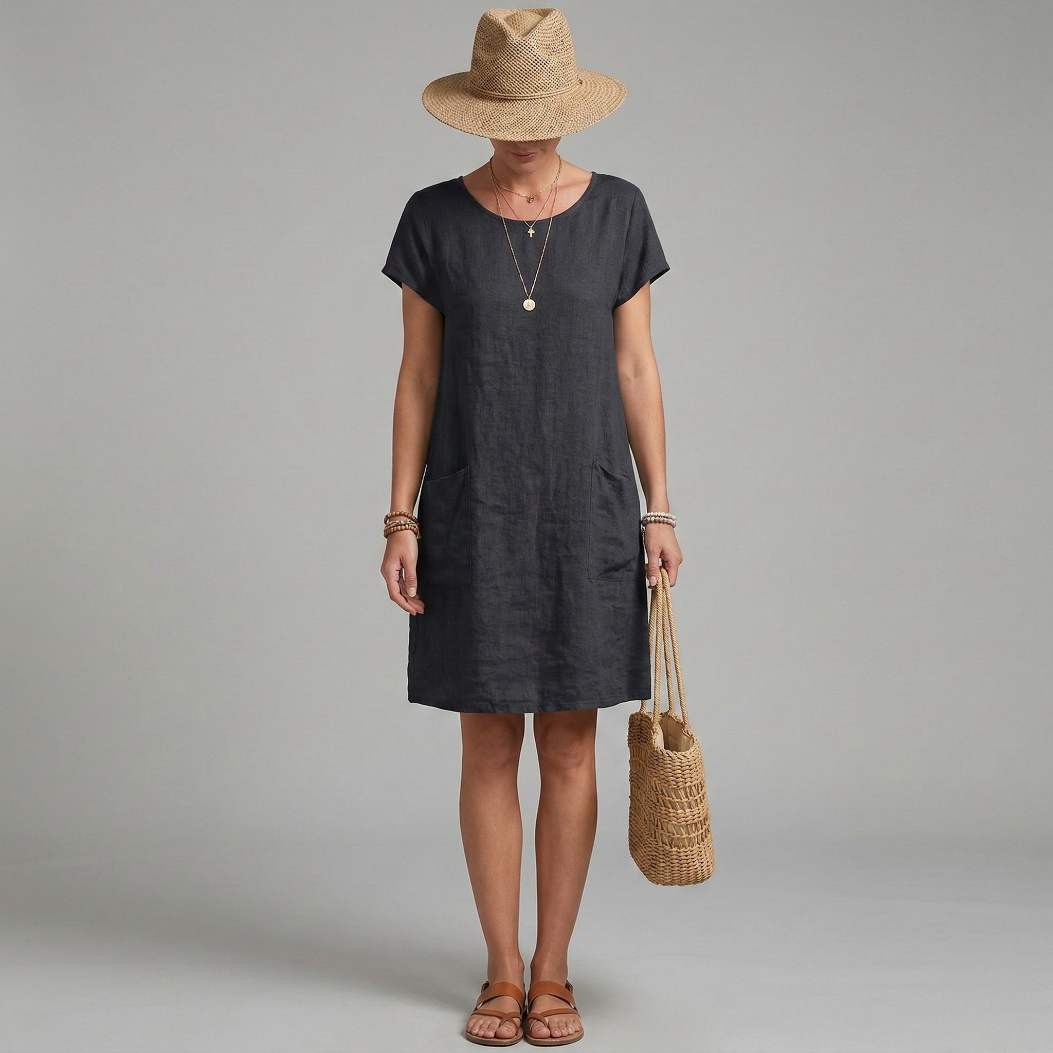 Vestido feminino curto de linho com mangas curtas e bolsos, vestido casual feminino de verão