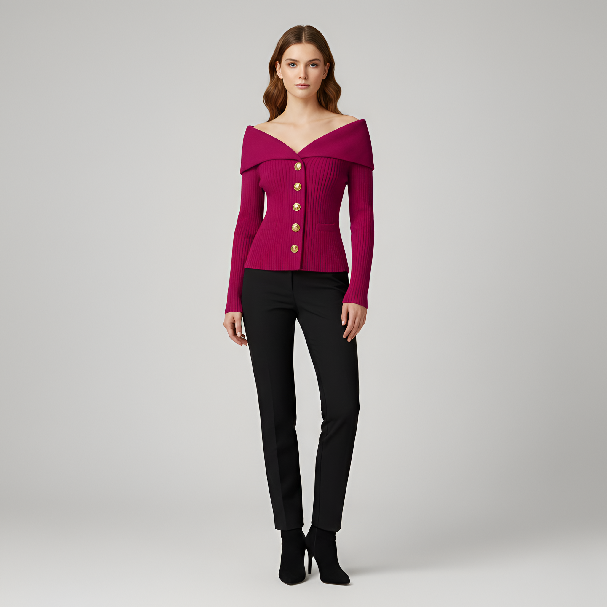 Giacca cardigan donna a coste con bottoni scollo a V fit aderente