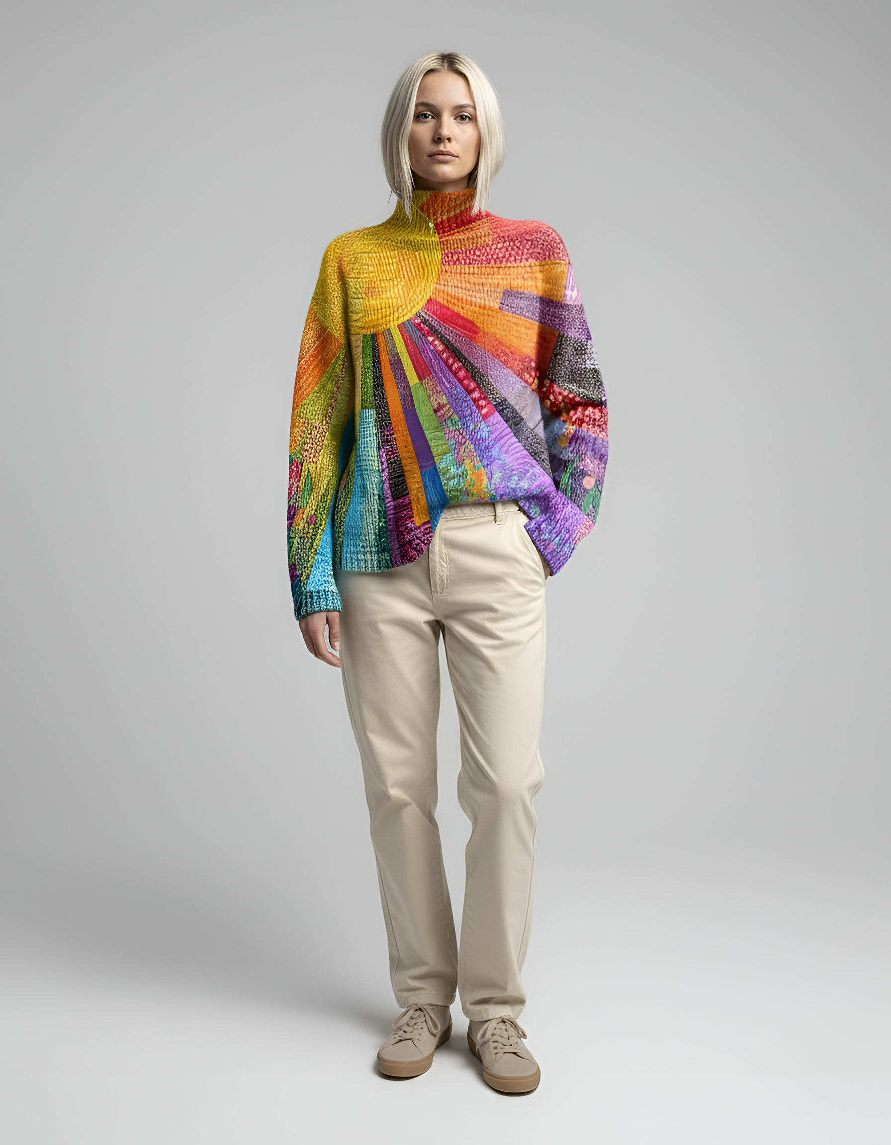 Maglione donna collo alto fantasia astratta in maglia morbida casual invernale