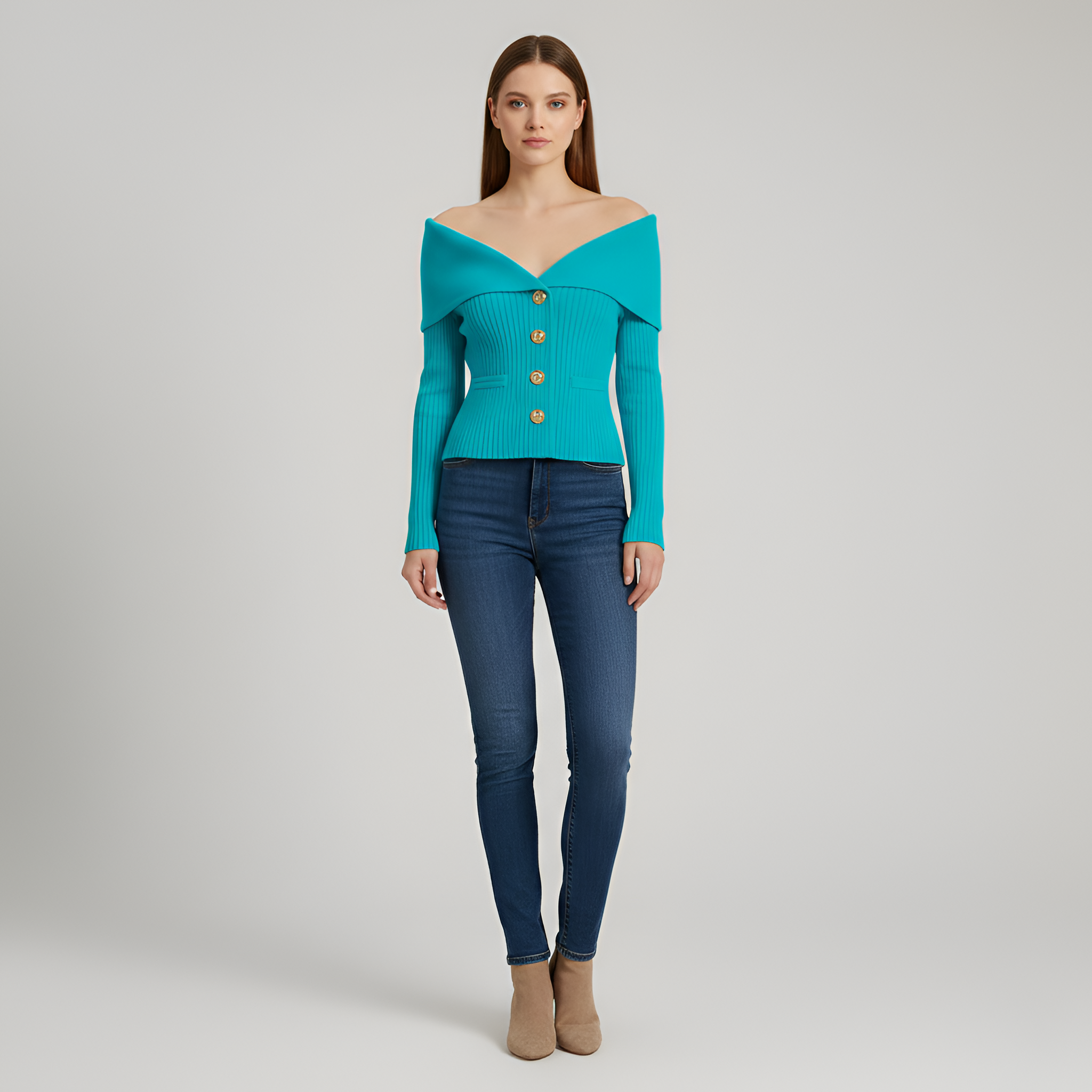 Giacca cardigan donna a coste con bottoni scollo a V fit aderente