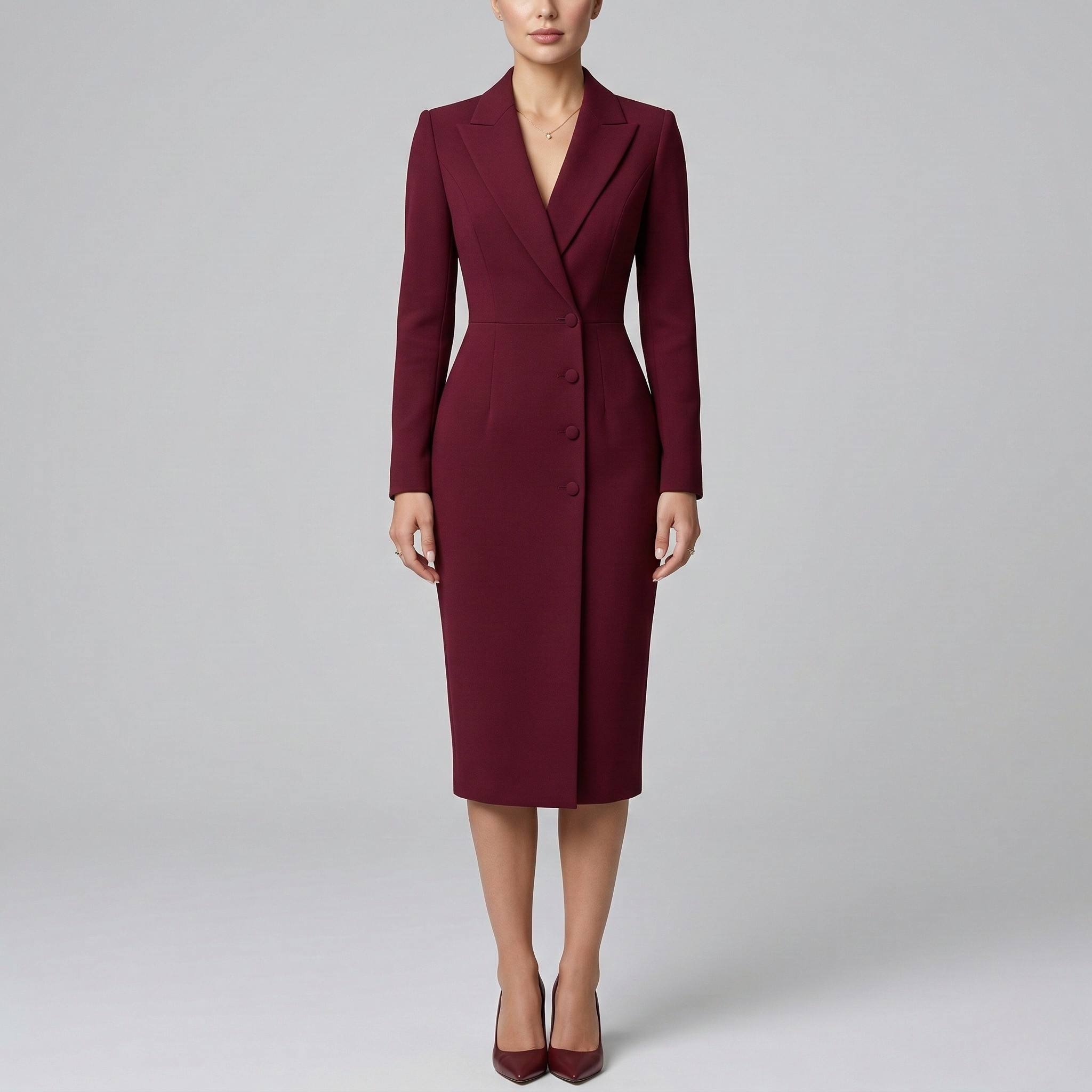Elegant women's midi blazer dress, tailored with buttons and long sleeves
