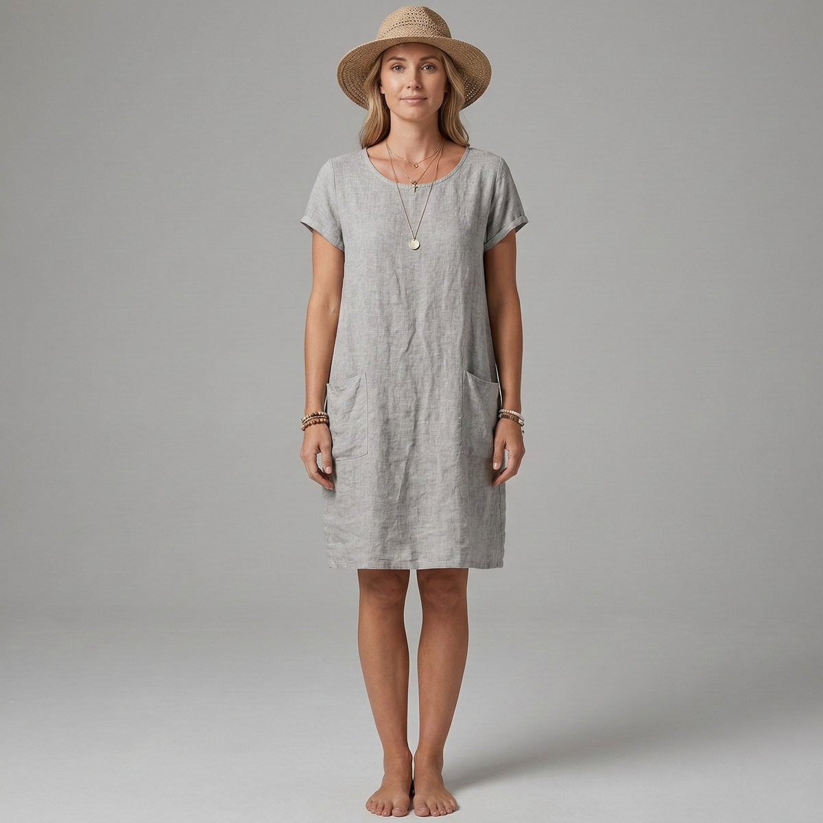Robe courte d’été pour femme en lin, manches courtes et poches, robe décontractée