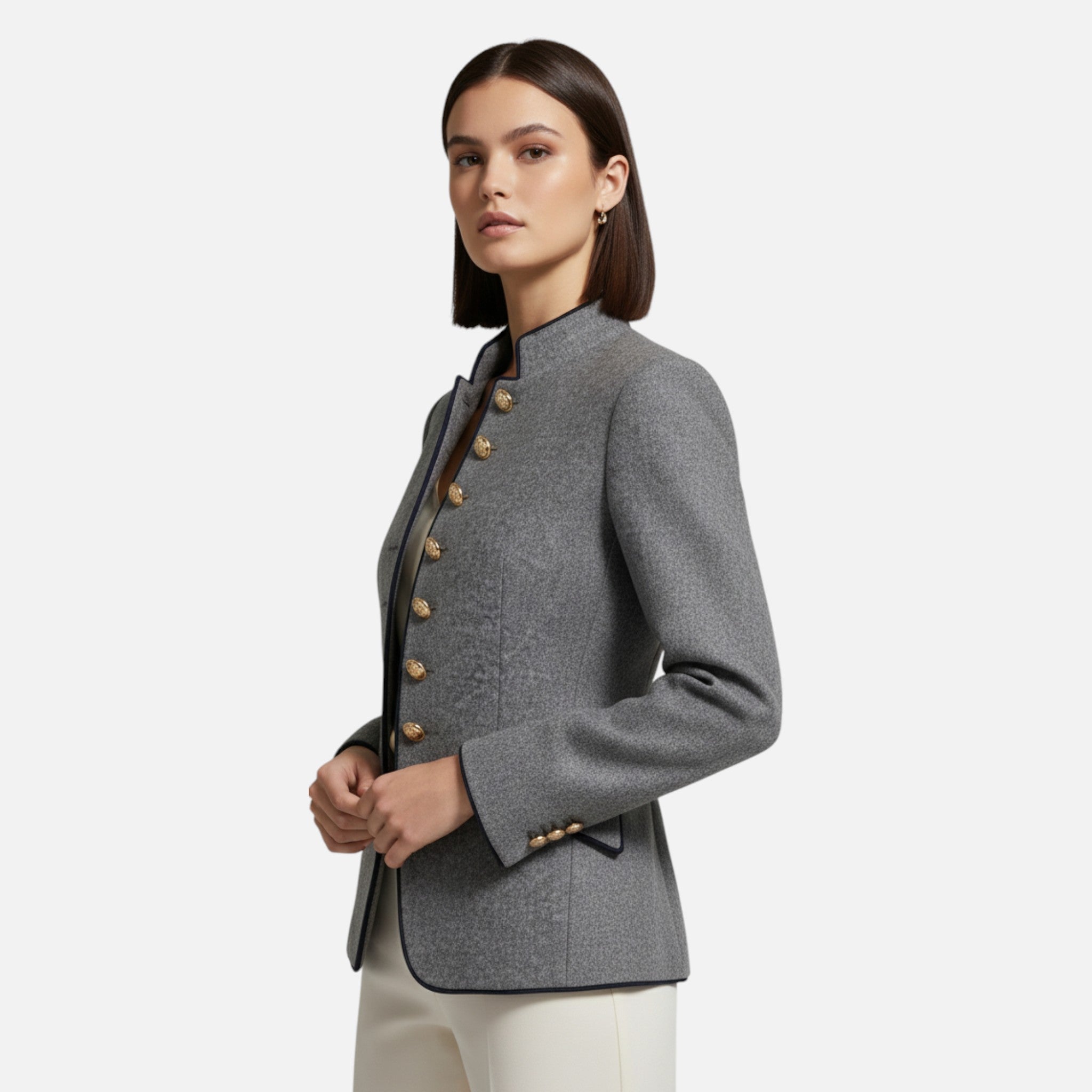Blazer Donna Grigio con Collo Alto e Bottoni Decorativi