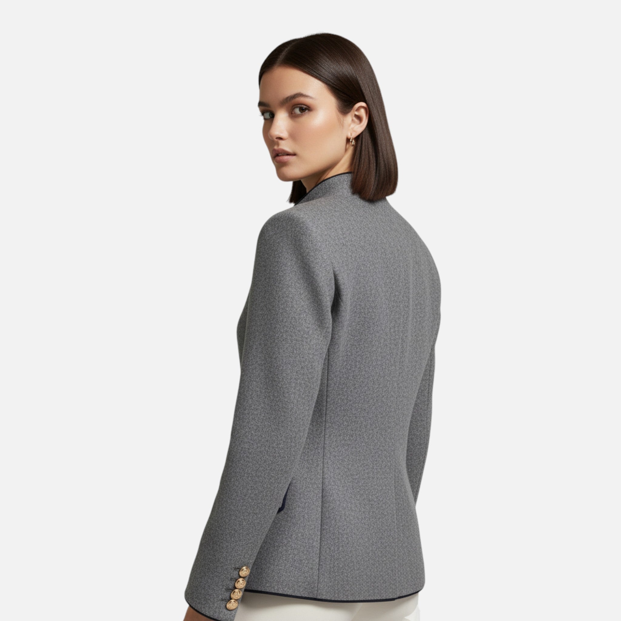 Blazer Donna Grigio con Collo Alto e Bottoni Decorativi