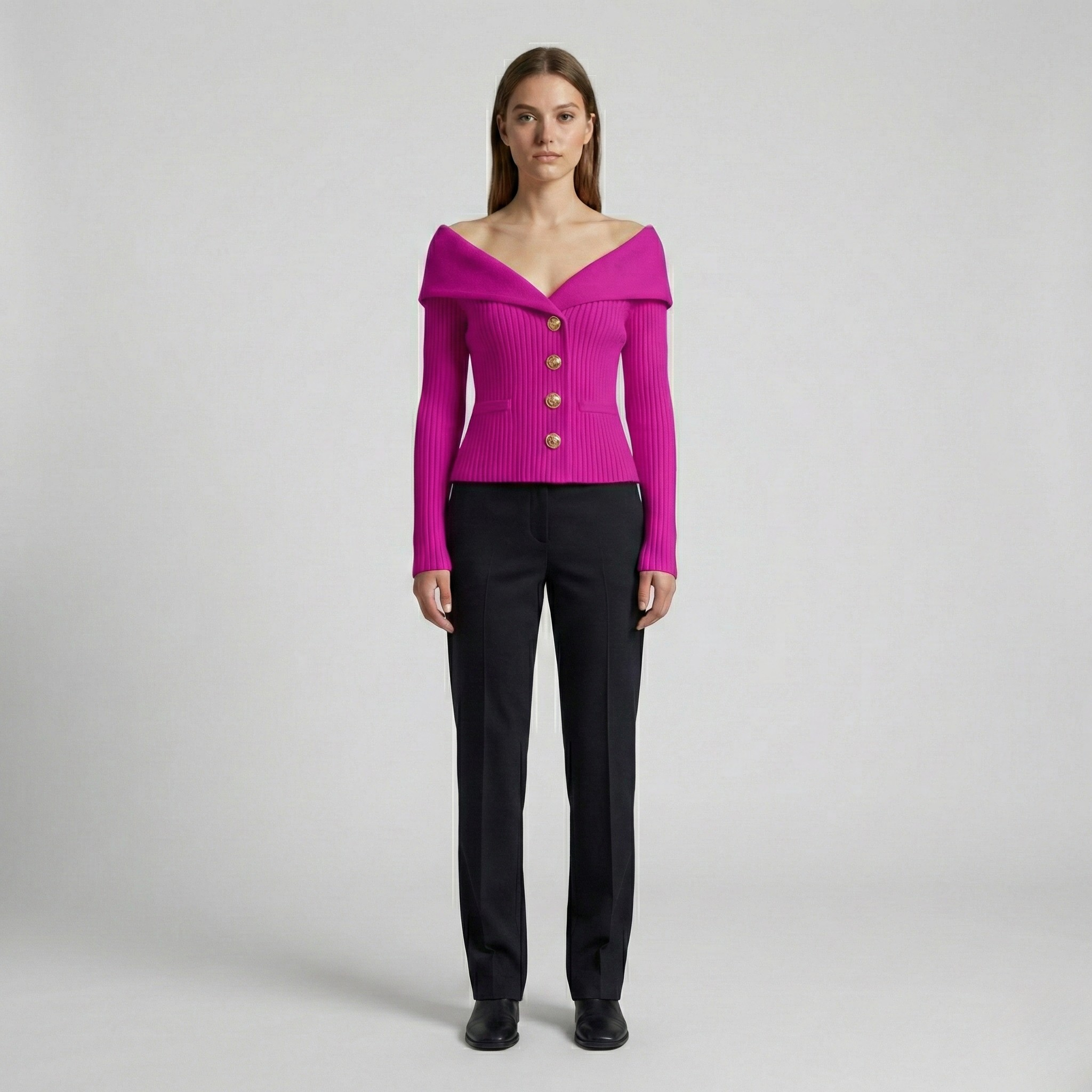 Giacca cardigan donna a coste con bottoni scollo a V fit aderente