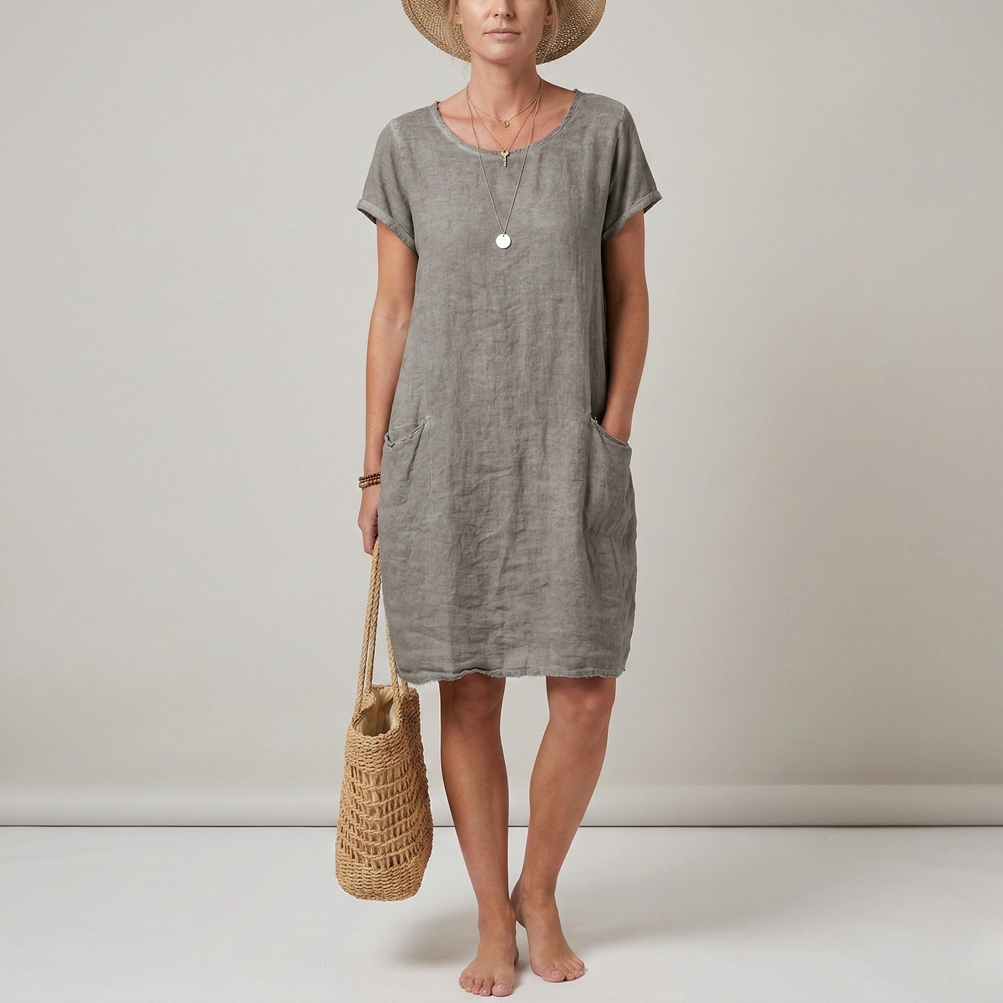 Vestito donna corto in lino maniche corte con tasche abito casual estivo donna