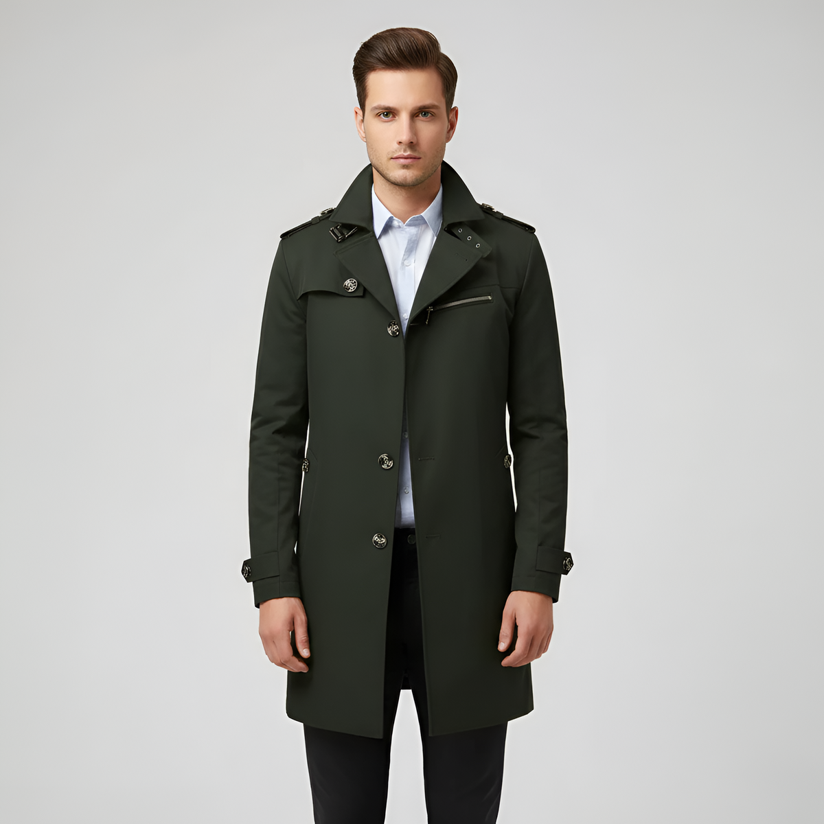 Trench coat masculino elegante Valerios Fashion com cinto e fechamento por botões