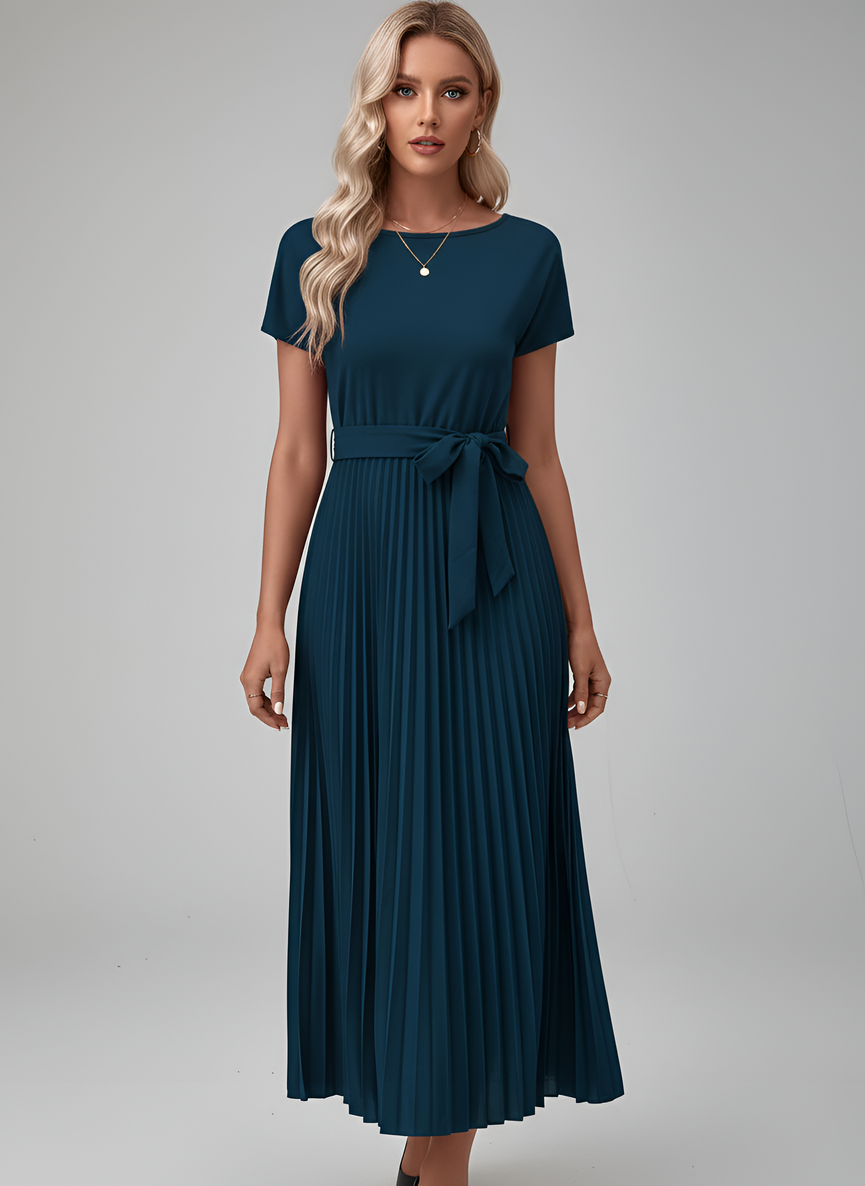 Women's Pleated Midi Dress with Belt and Short Sleeves in Fluid Fabric