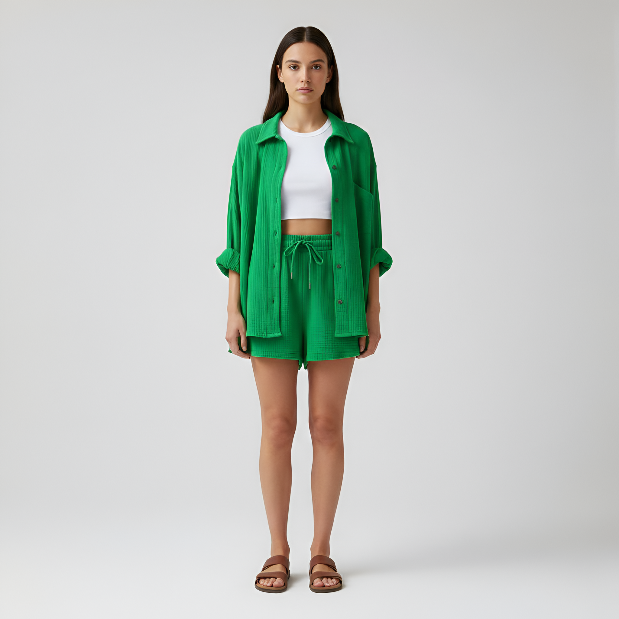 Women's set with shirt and shorts in lightweight cotton with elastic waistband