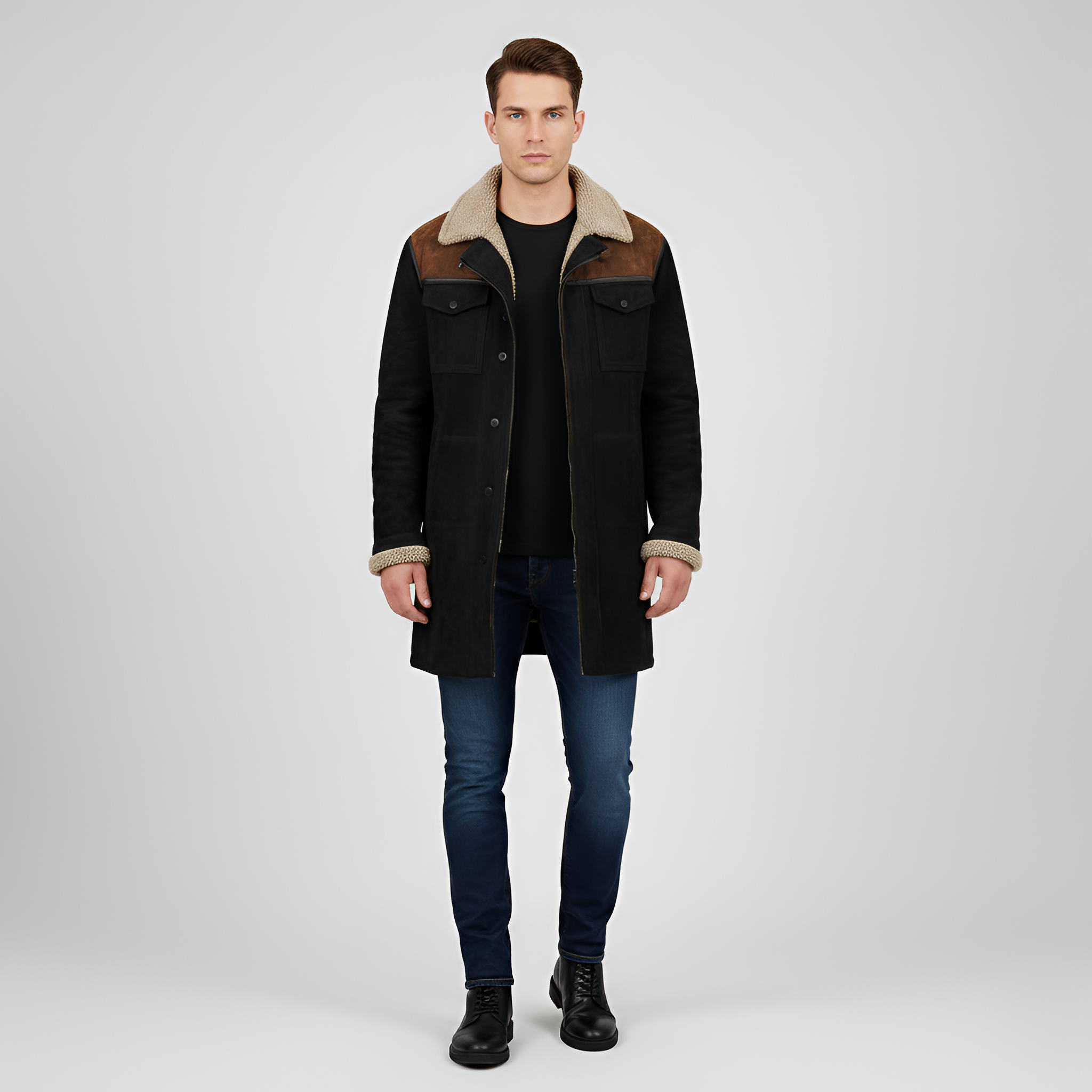 Valerios Fashion giacca uomo foderata in pile con colletto shearling e bottoni