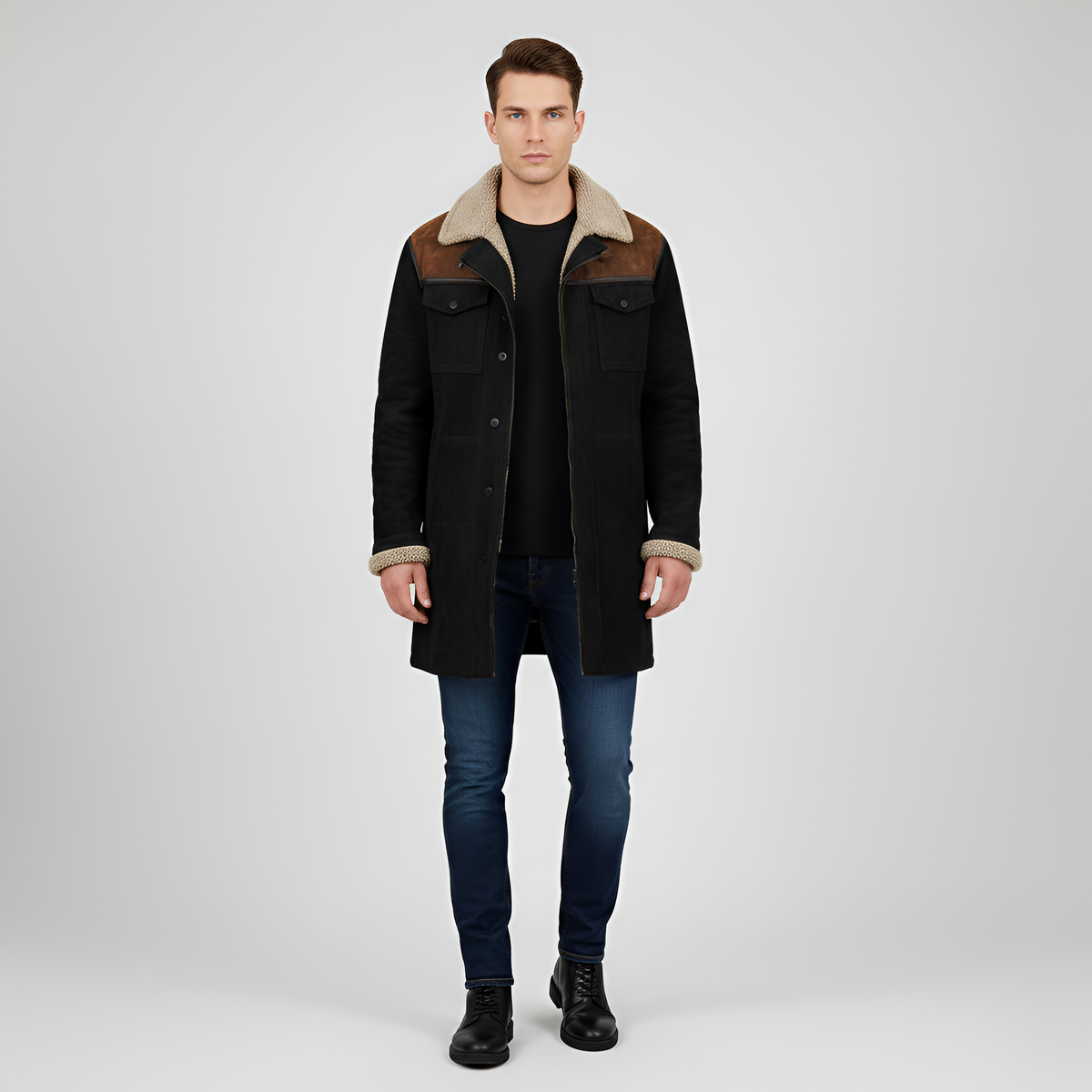 Valerios Fashion veste pour homme doublée en polaire avec col en peau lainée et boutons