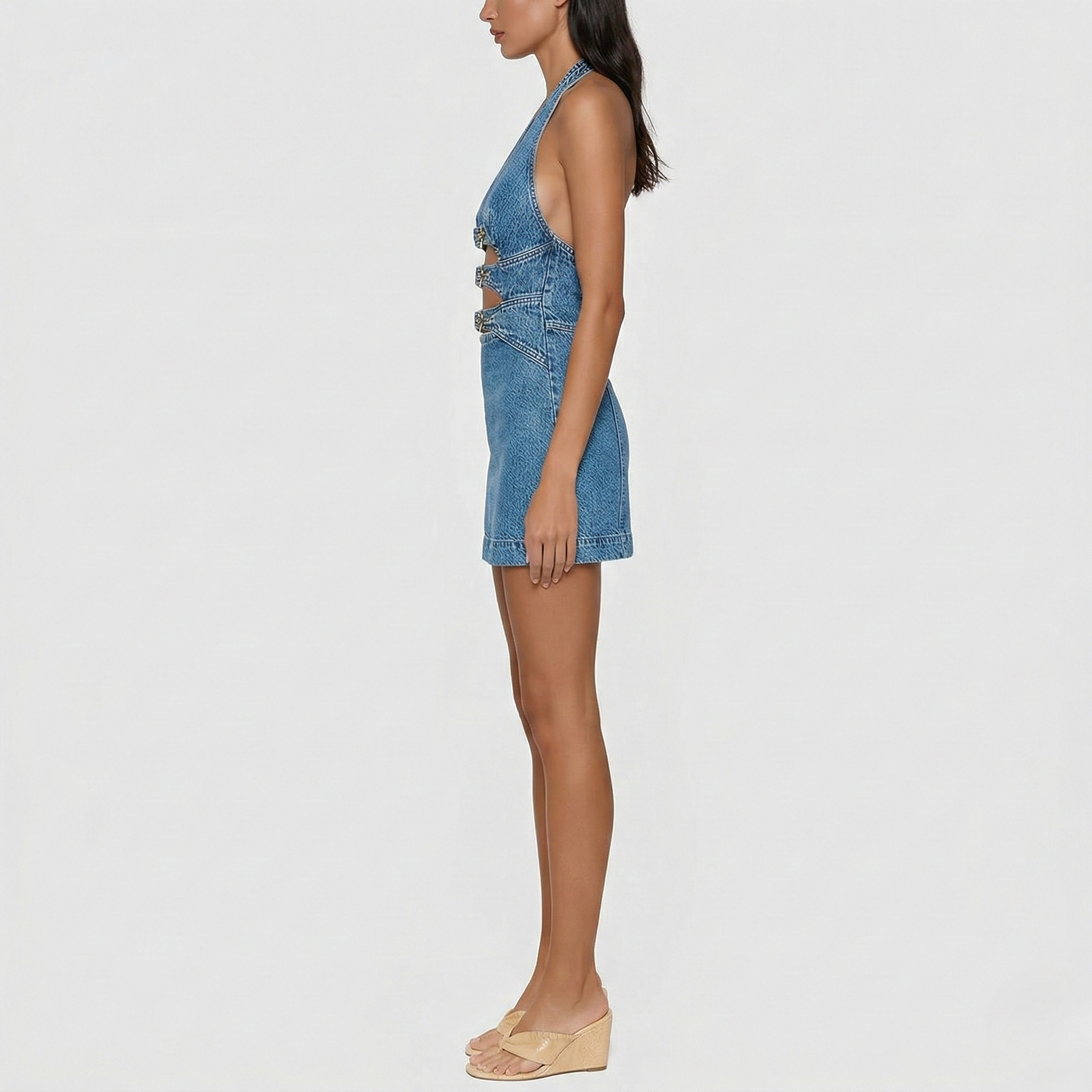Vestito donna mini in denim con scollo all’americana e cut-out frontale