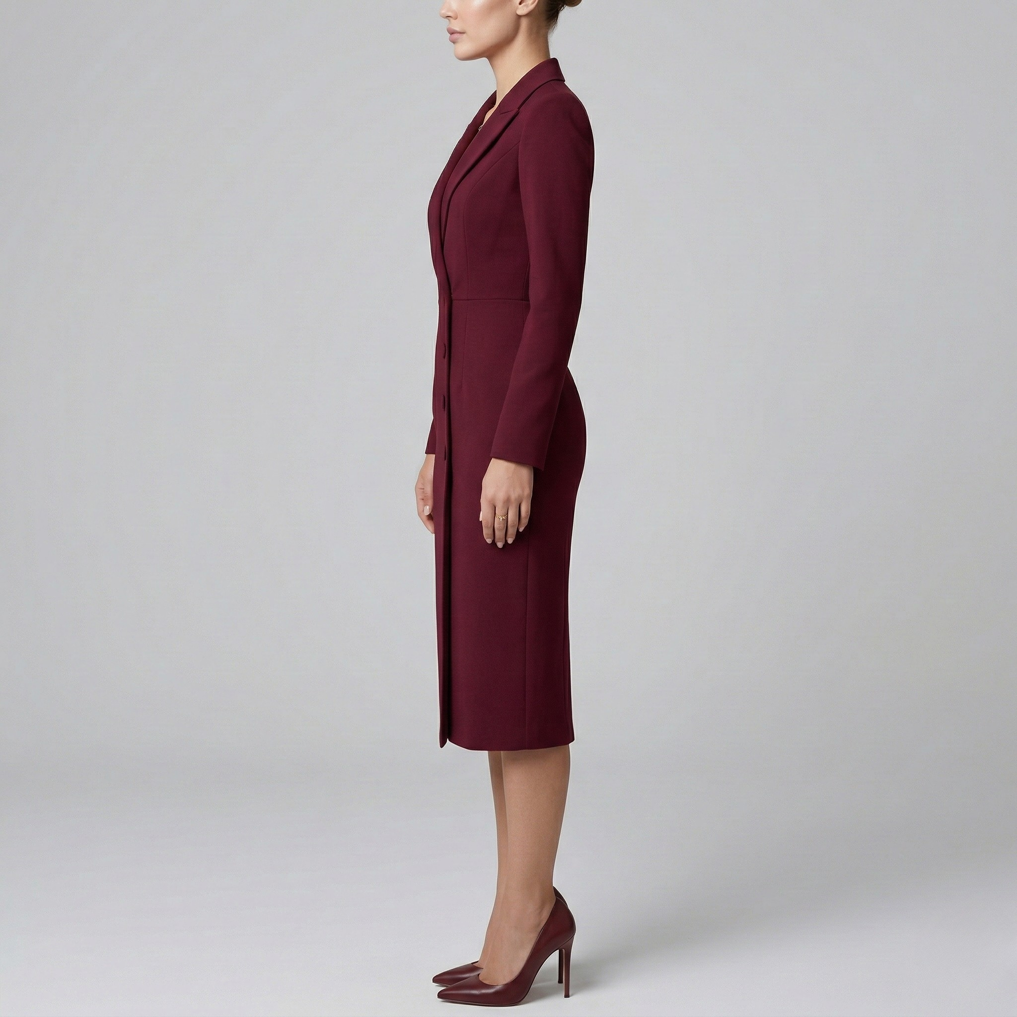 Elegant women's midi blazer dress, tailored with buttons and long sleeves