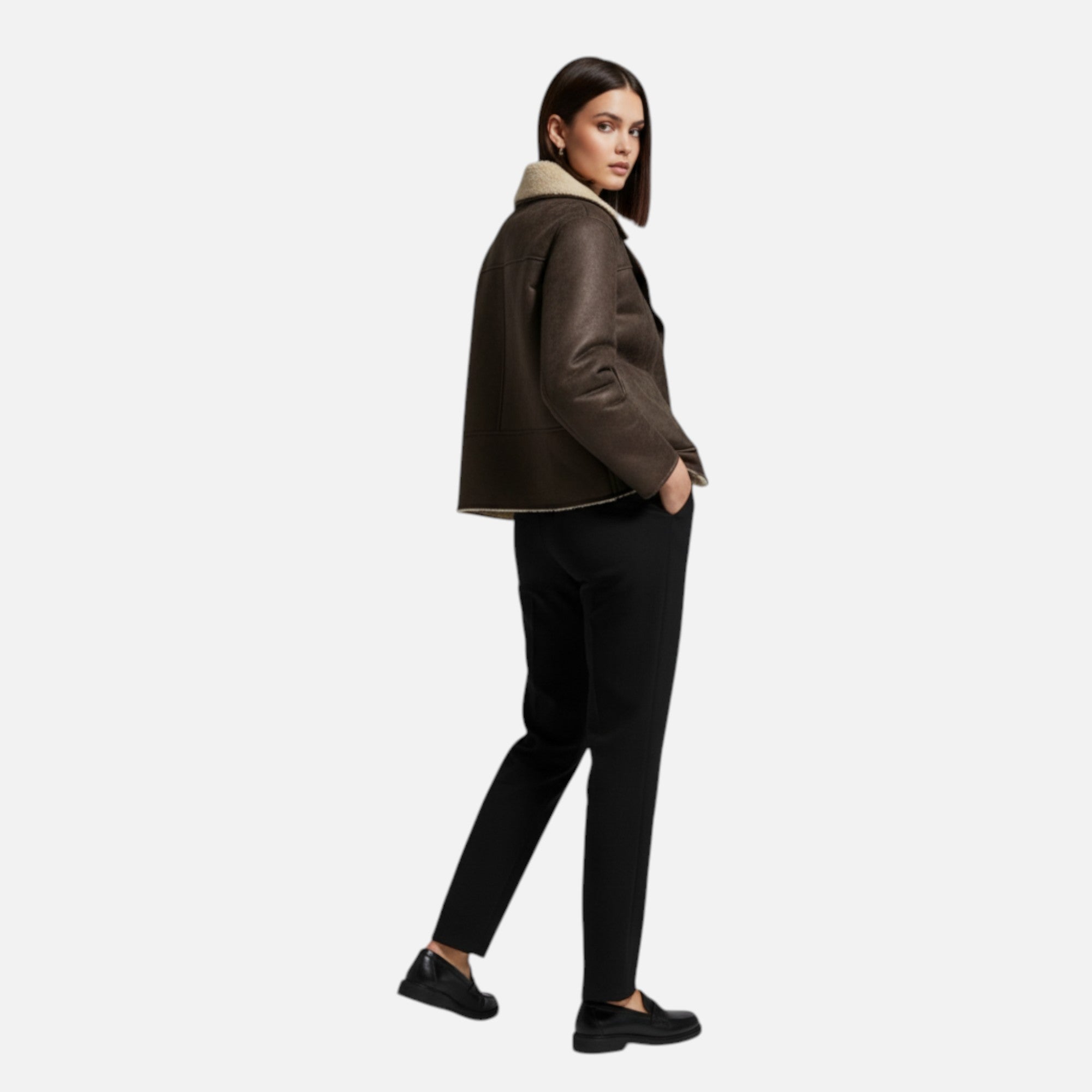 Giacca Donna Effetto Pelle con Colletto in Shearling e Tasche