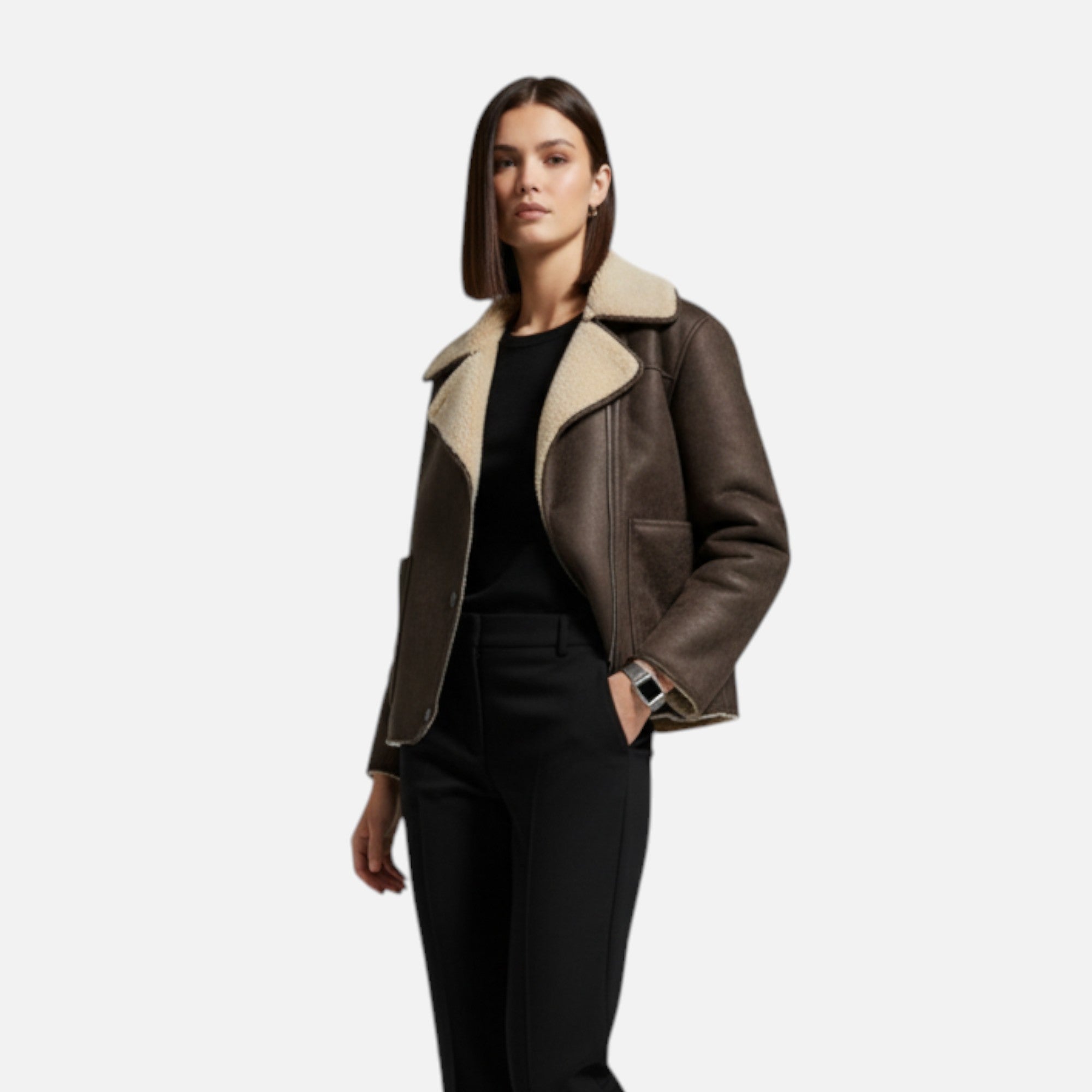 Giacca Donna Effetto Pelle con Colletto in Shearling e Tasche