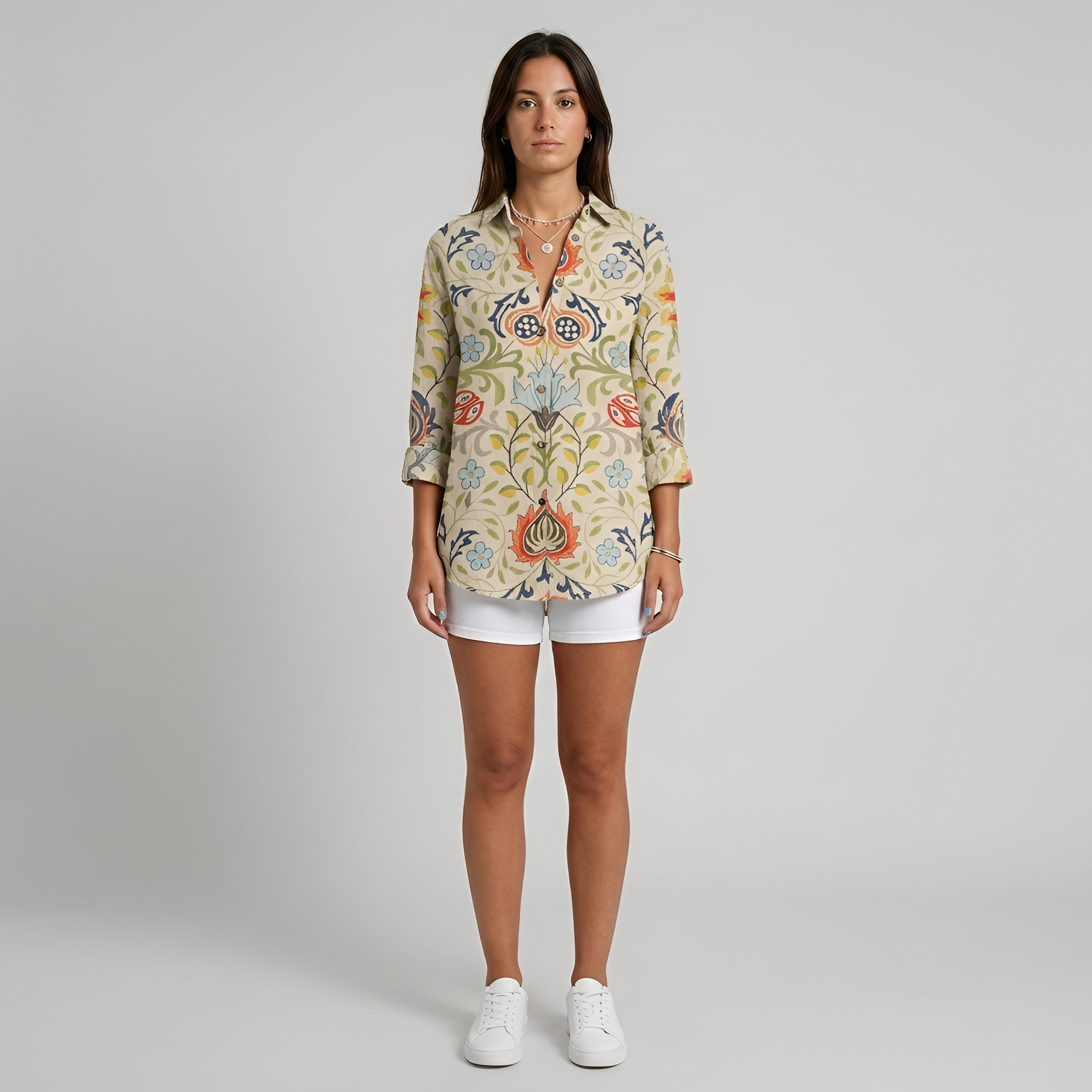 Camicia lunga donna floreale in cotone con bottoni manica lunga casual estiva