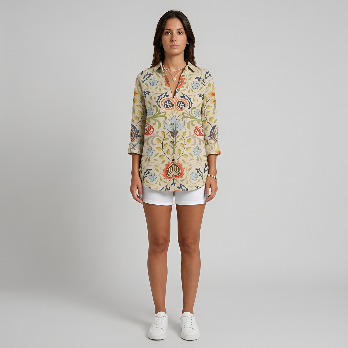 Camicia lunga donna floreale in cotone con bottoni manica lunga casual estiva