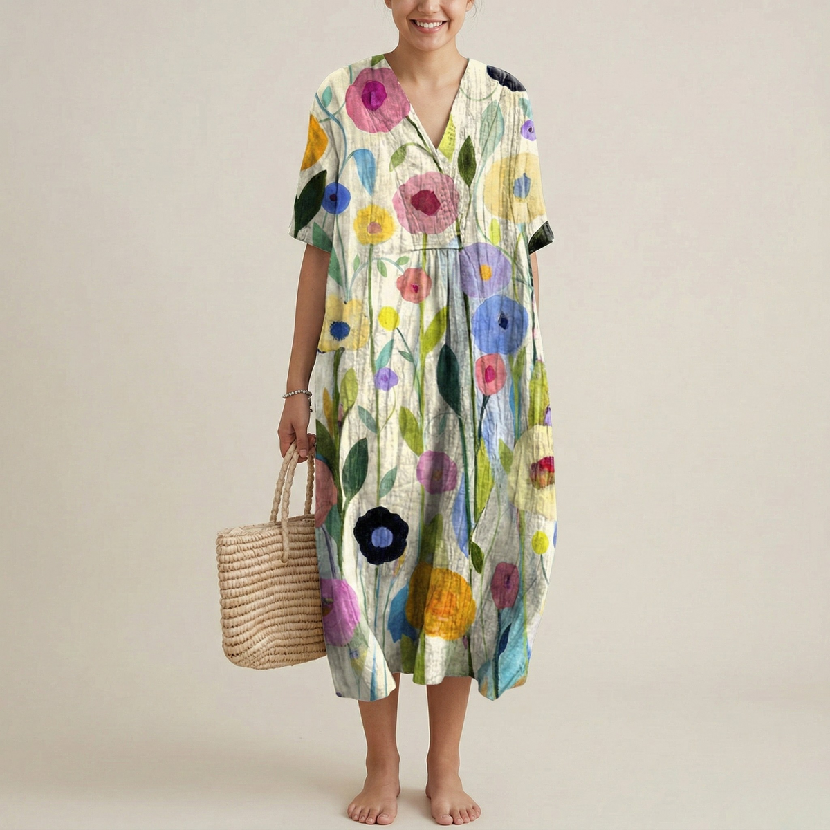 Vestito lungo donna floreale in cotone con scollo a V manica corta