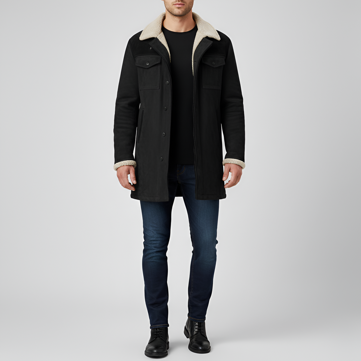 Valerios Fashion veste pour homme doublée en polaire avec col en peau lainée et boutons