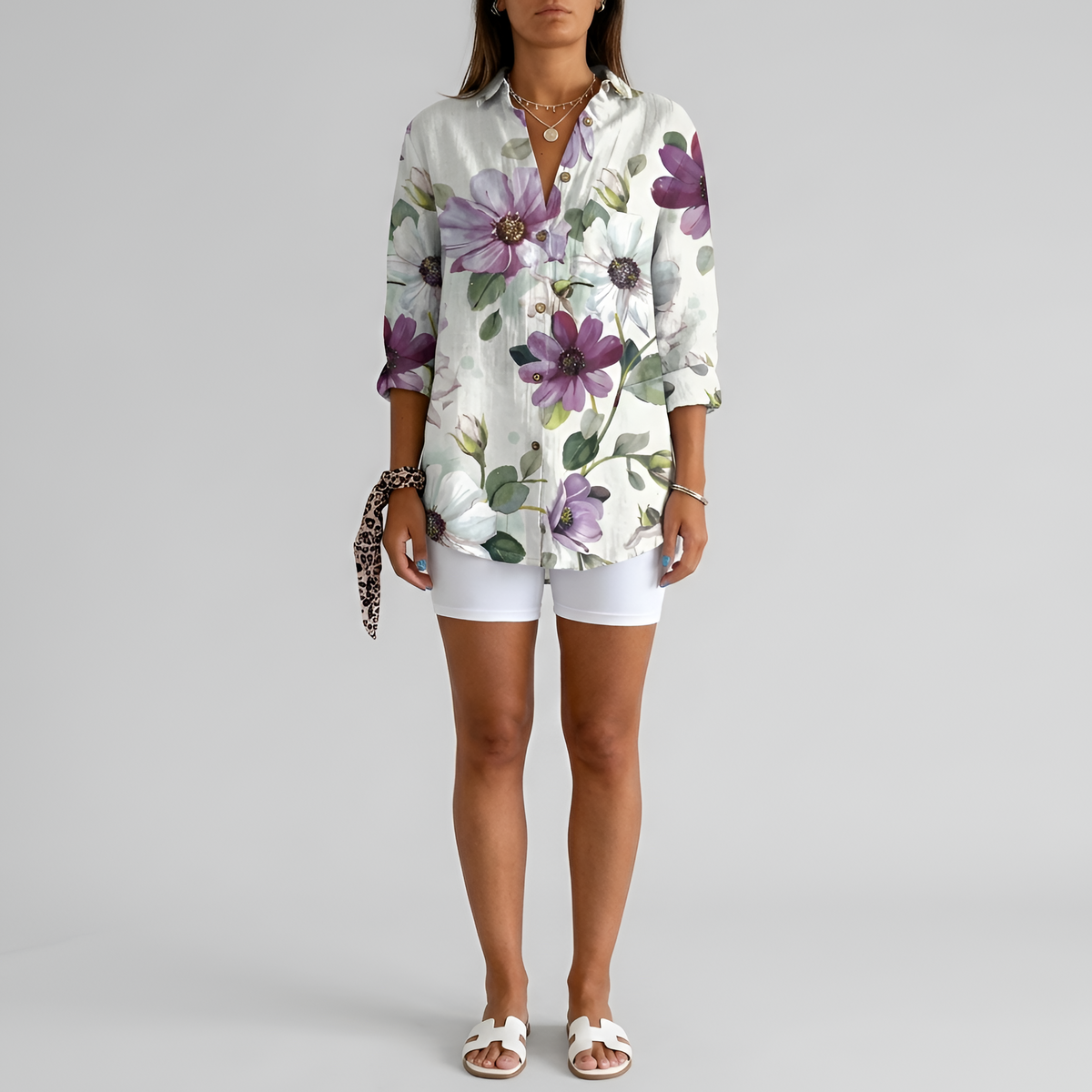 Camicia lunga donna floreale in cotone con bottoni manica lunga casual estiva