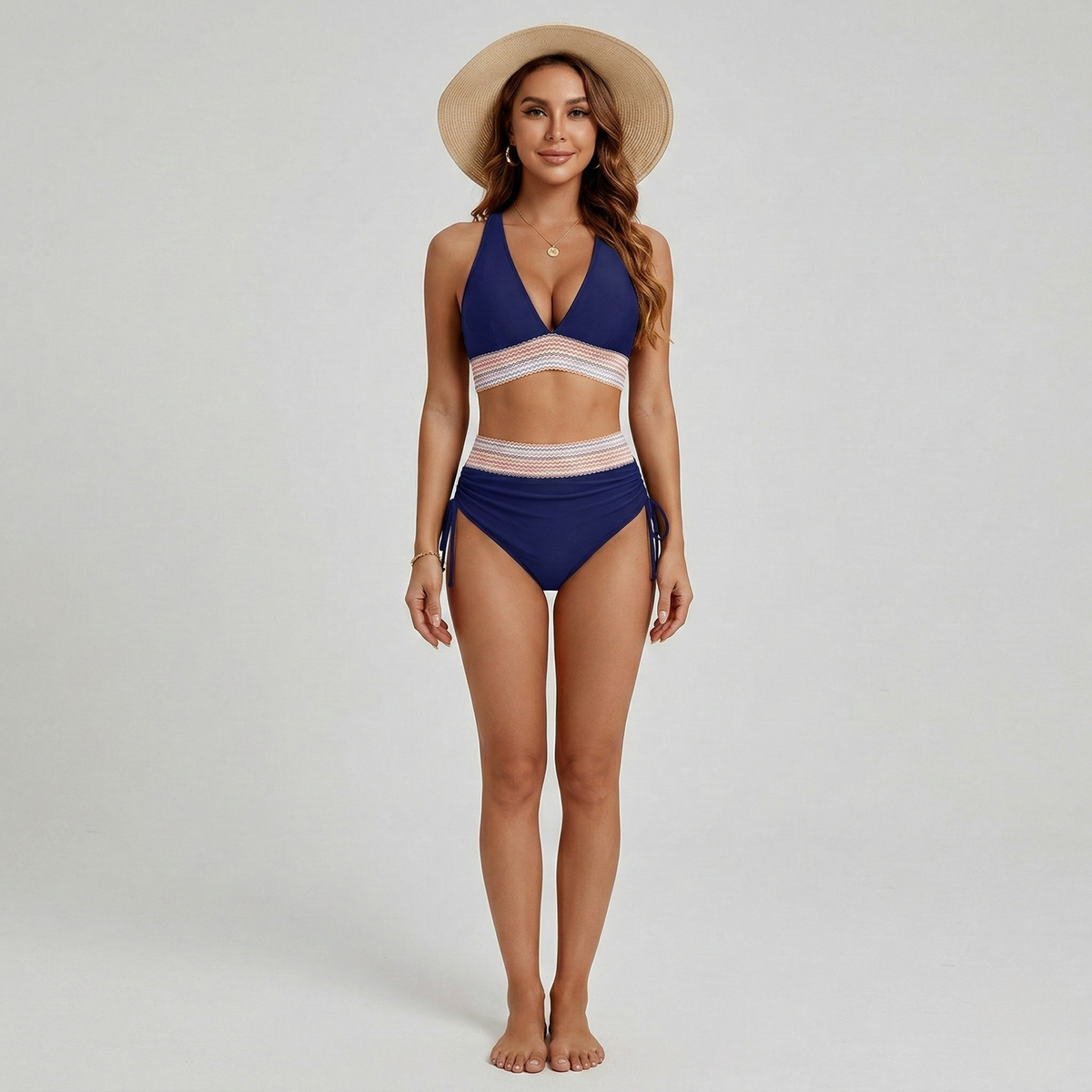 Biquíni feminino de cintura alta com top triangular e calcinha ajustável