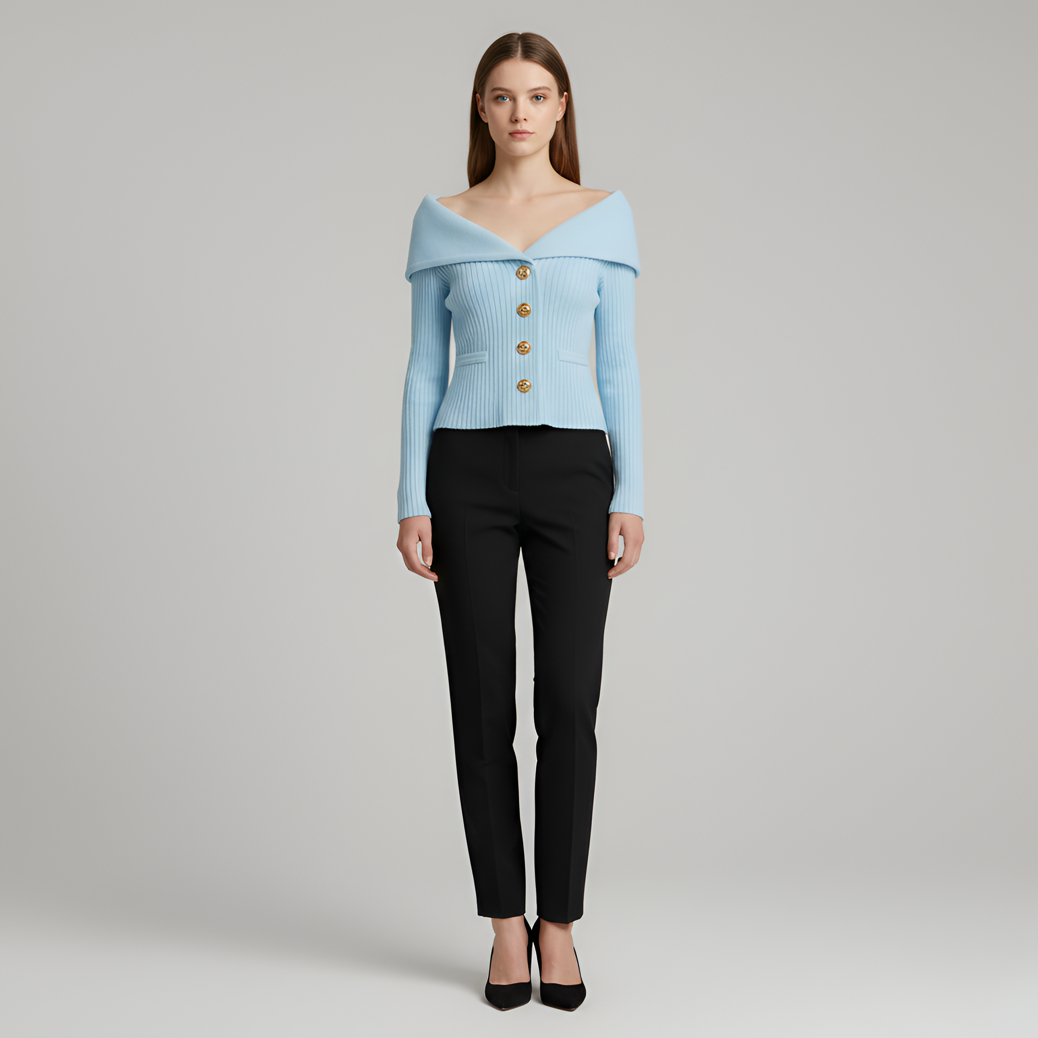 Giacca cardigan donna a coste con bottoni scollo a V fit aderente