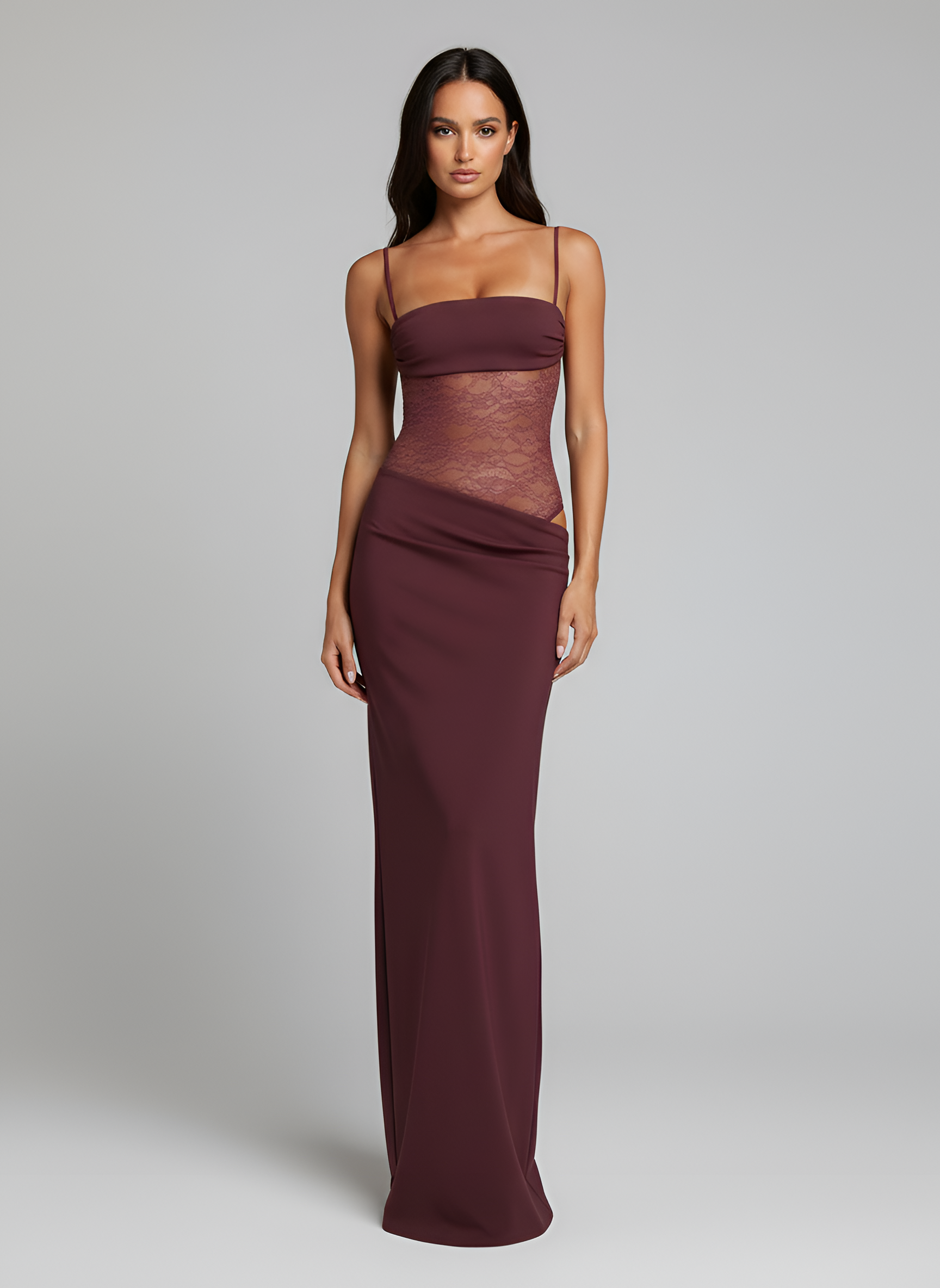 Women's long dress with lace bustier and thin straps