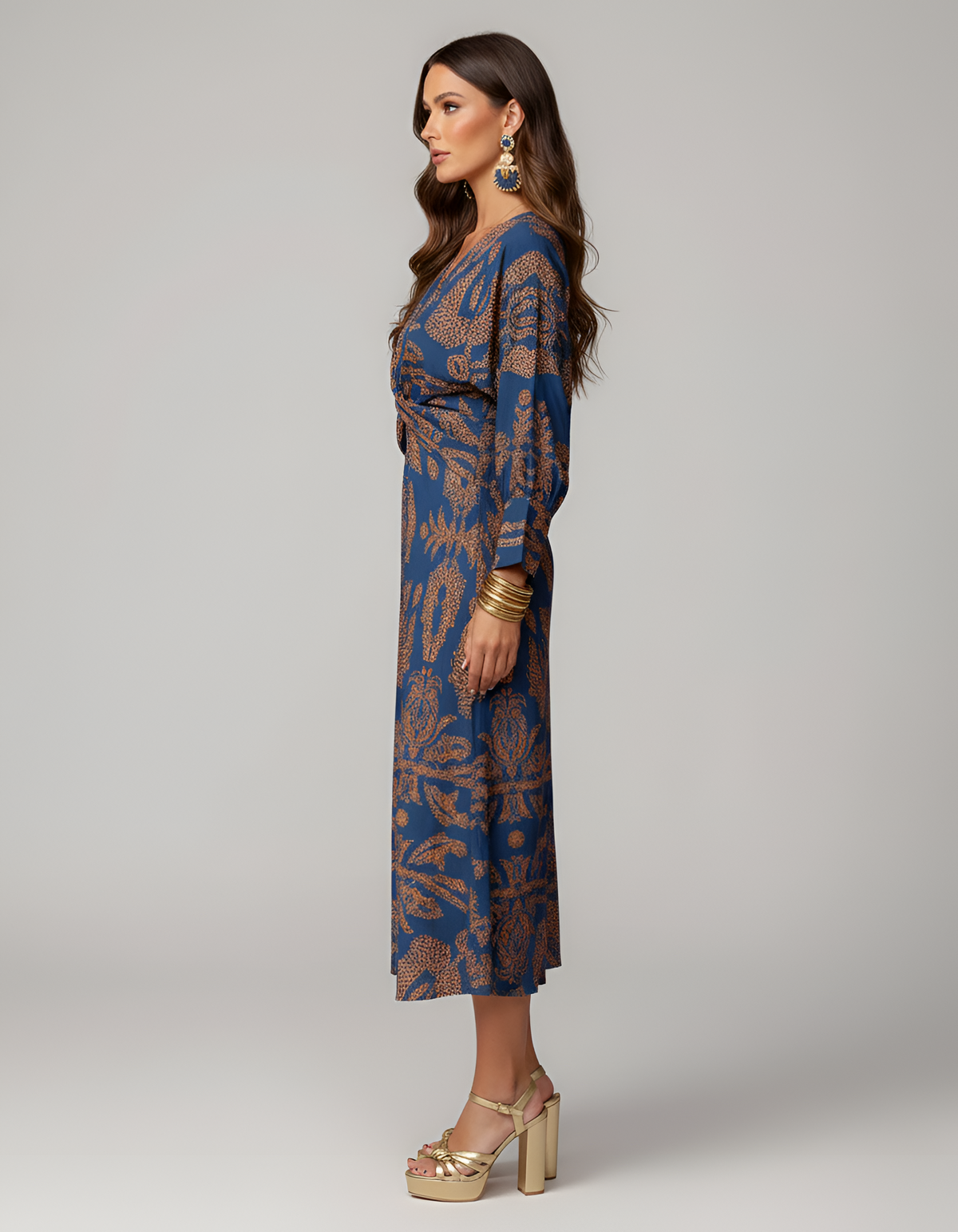 Abito midi donna con scollo a V, maniche lunghe e nodo frontale