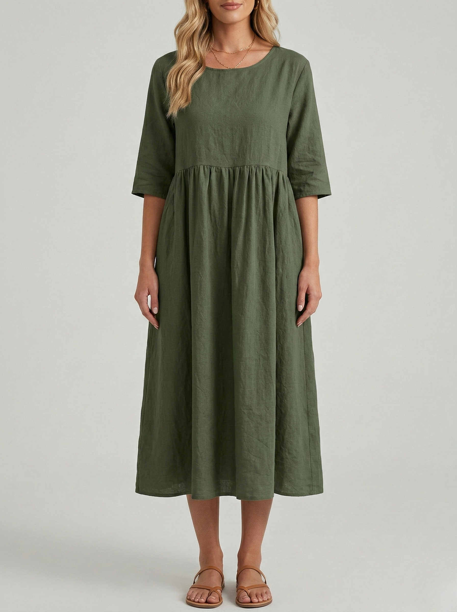 Women's midi cotton dress with short sleeves and casual side pockets