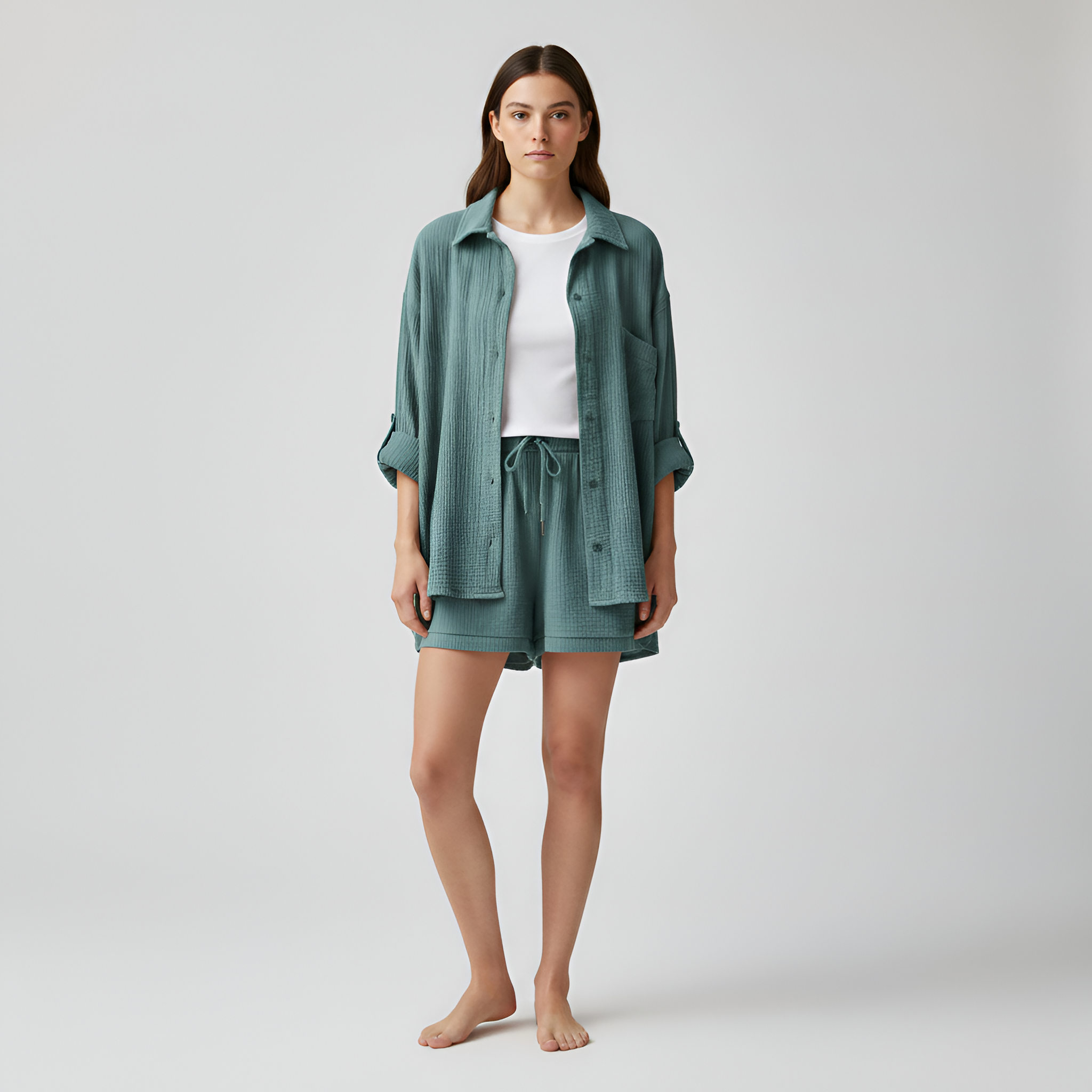Completo donna camicia e shorts in cotone leggero con vita elasticizzata