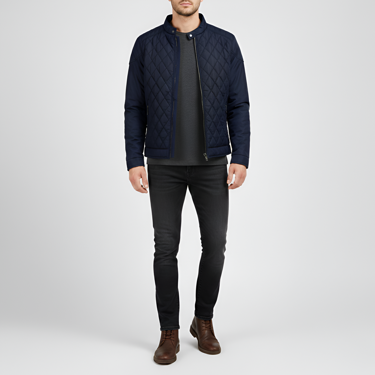 Valerios Fashion afslappet quiltet herrejakke med lynlås og høj krave til vinterbrug