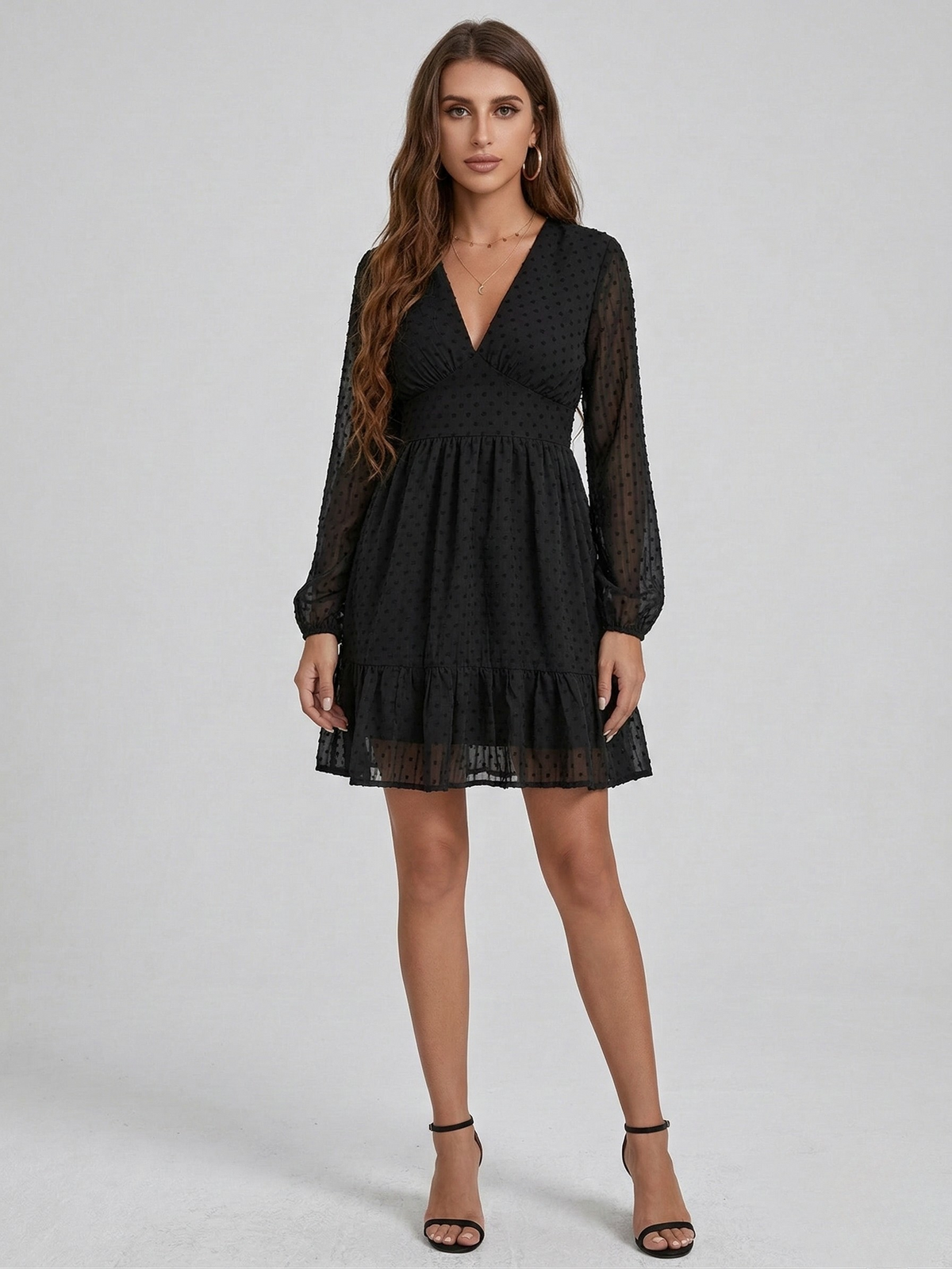 Women's Short V-Neck Dress with Long Sleeves, Elegant Chiffon Ruffle Dress