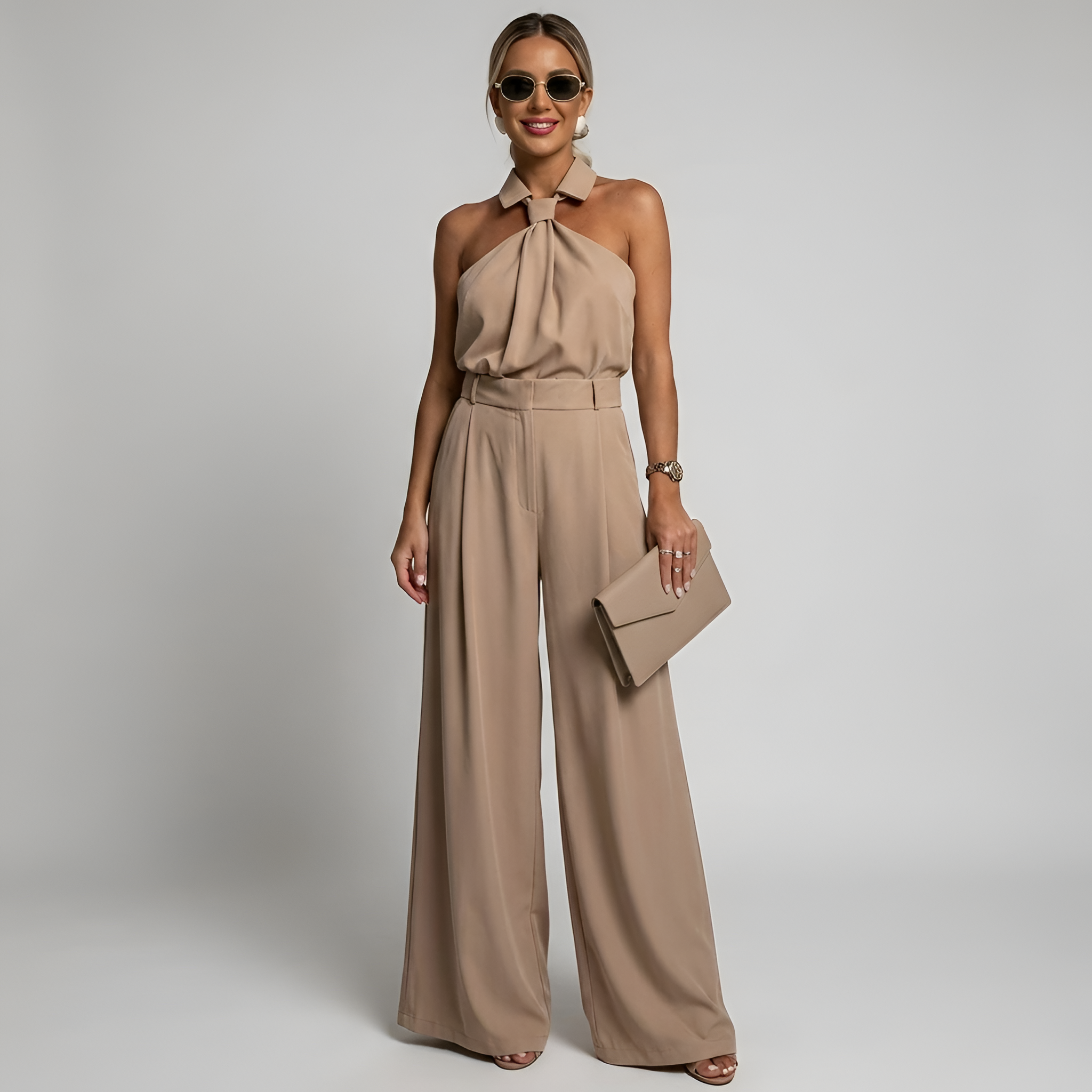 Tuta Elegante Donna con Pantaloni Palazzo e Top Halter Collo Alto