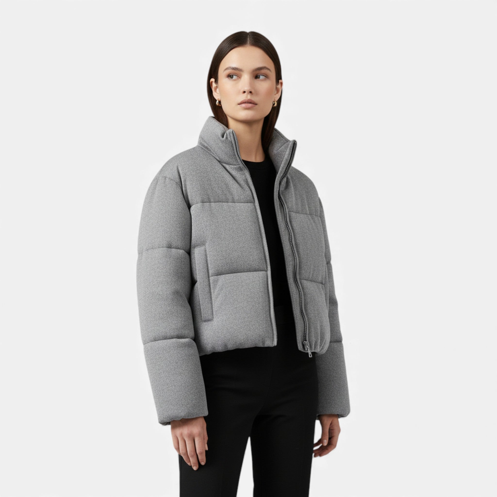 Giacca Puffer Donna Corta con Collo Alto e Chiusura Zip