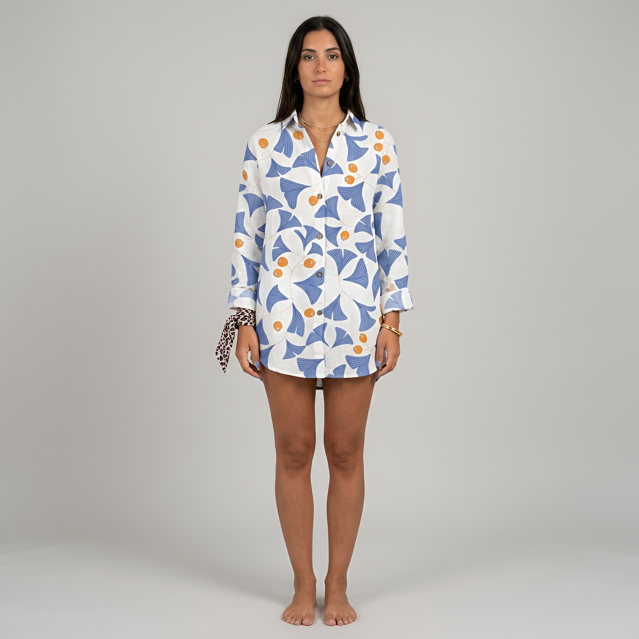 Camicia lunga donna floreale in cotone con bottoni manica lunga casual estiva