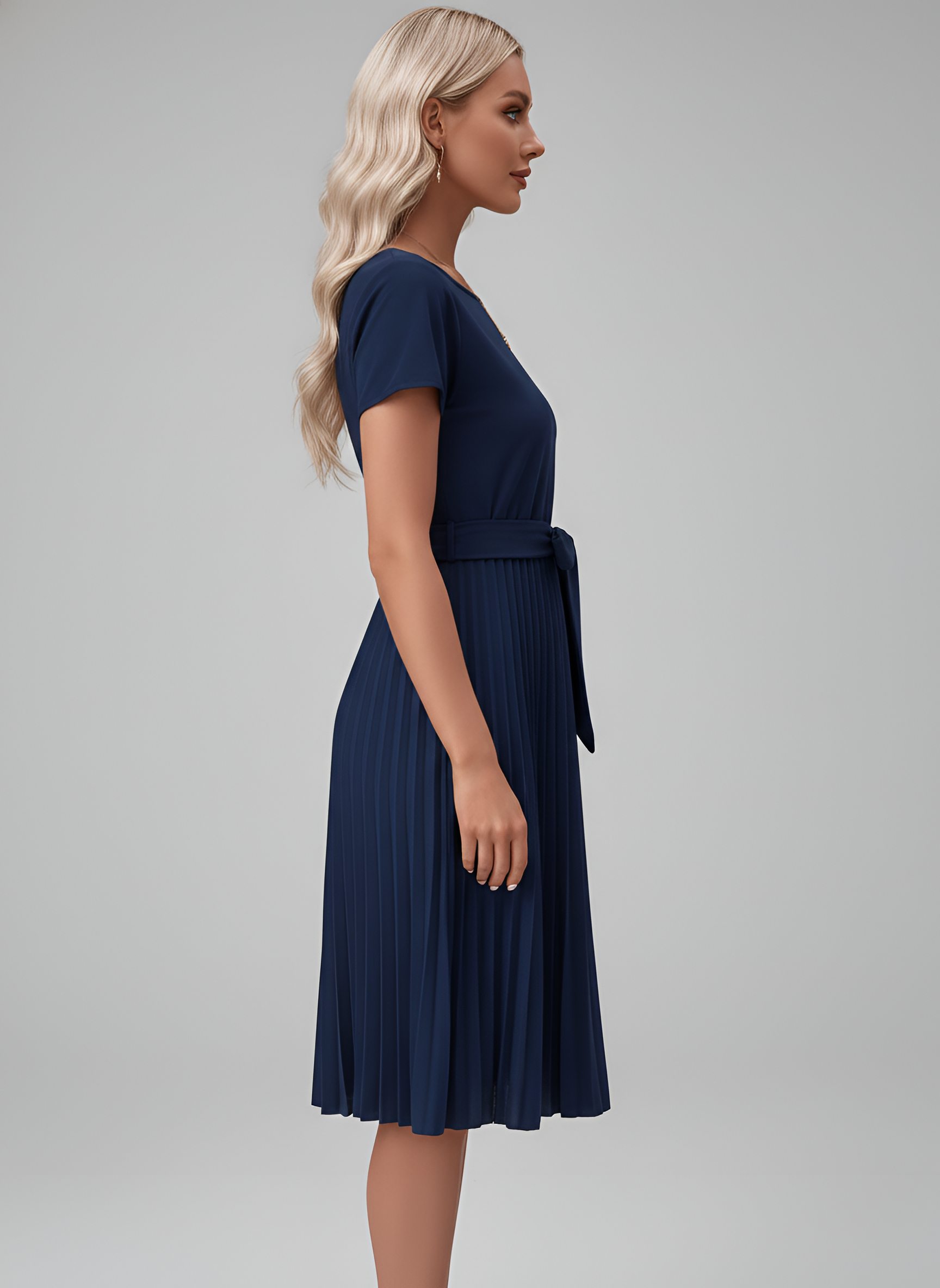 Women's Pleated Midi Dress with Belt and Short Sleeves in Fluid Fabric