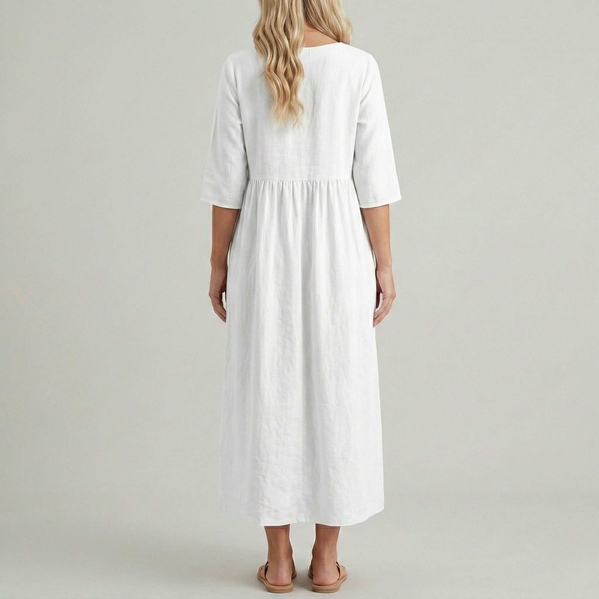 Women's midi cotton dress with short sleeves and casual side pockets