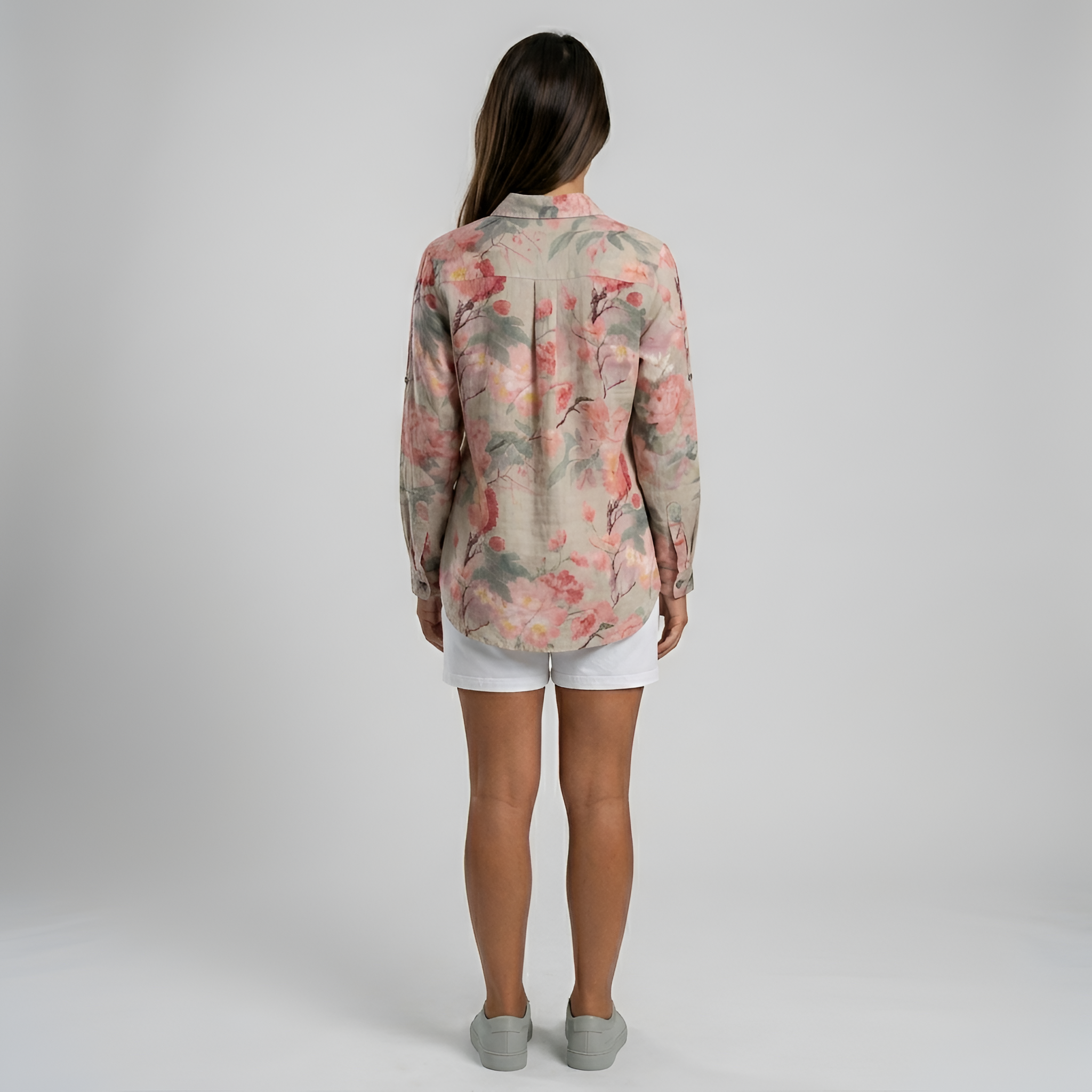 Camicia lunga donna floreale in cotone con bottoni manica lunga casual estiva