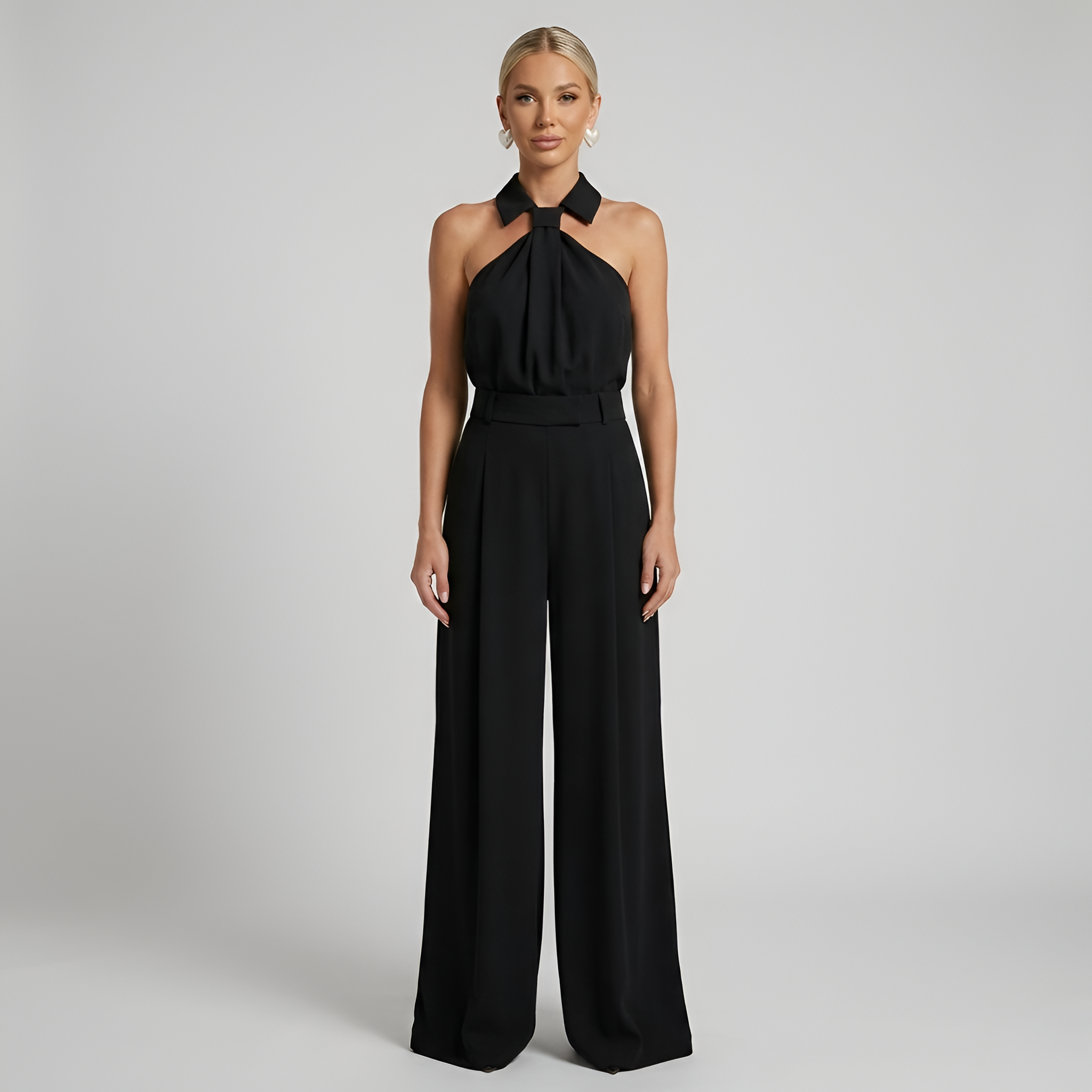 Elegant women's jumpsuit with palazzo pants and halter high neck top