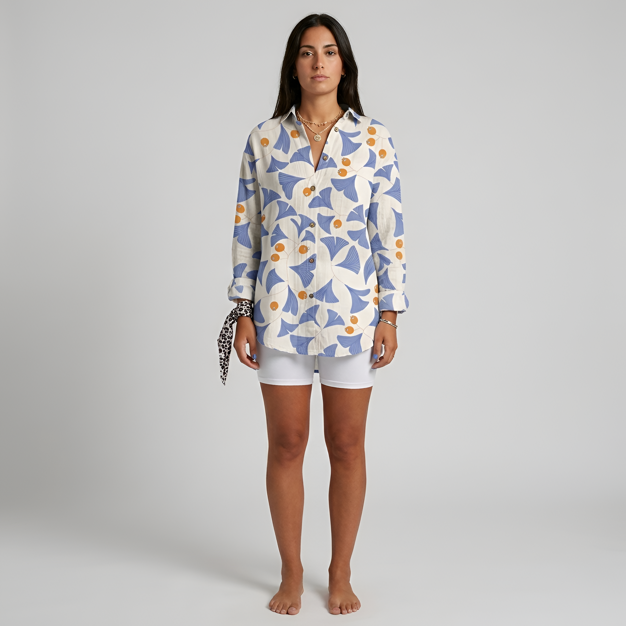 Camicia lunga donna floreale in cotone con bottoni manica lunga casual estiva