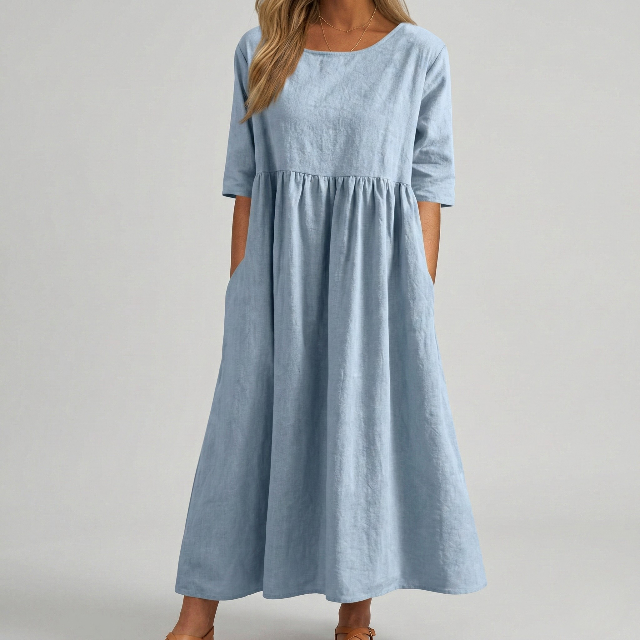 Women's midi cotton dress with short sleeves and casual side pockets