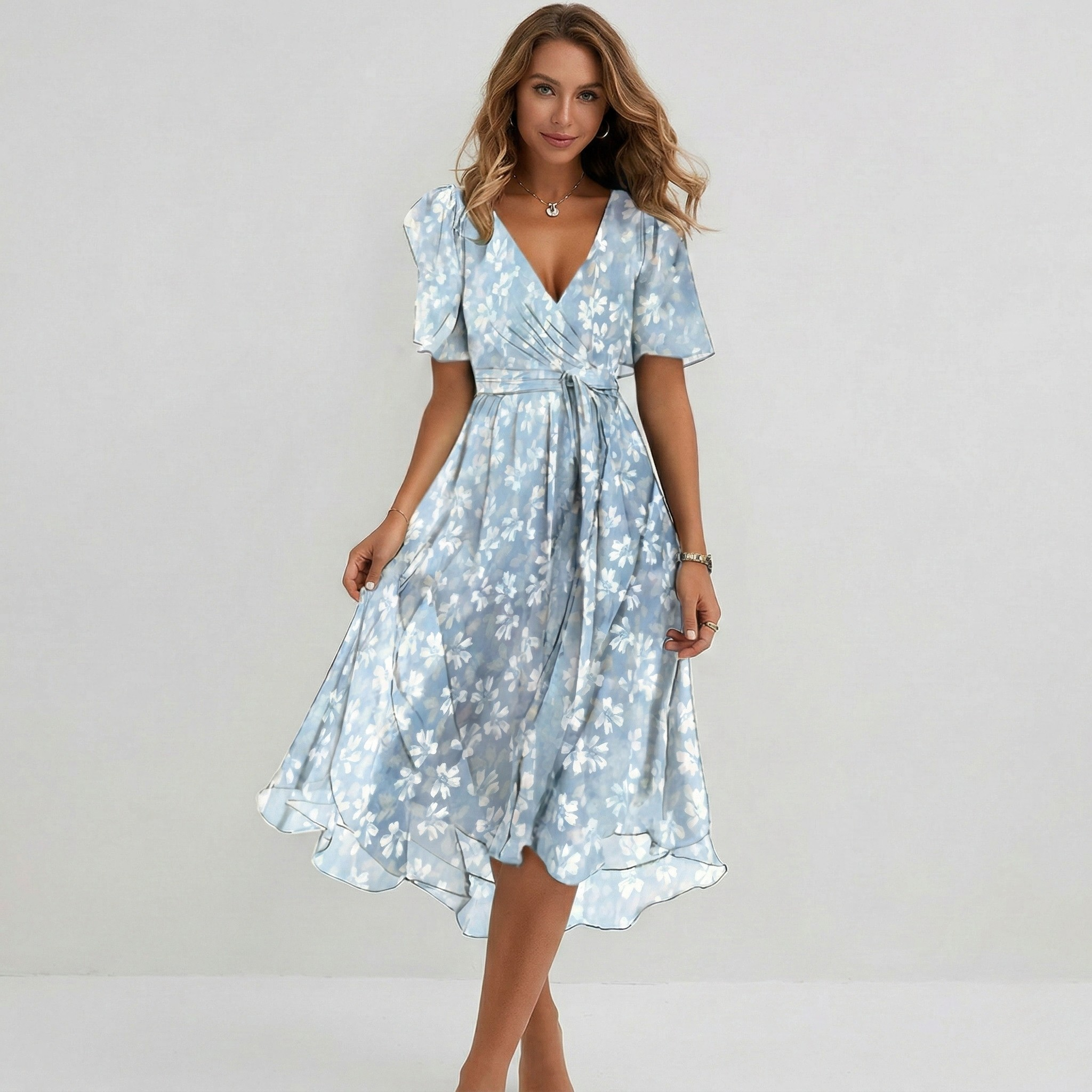 Vestito donna midi floreale scollo a V manica corta abito estivo elegante