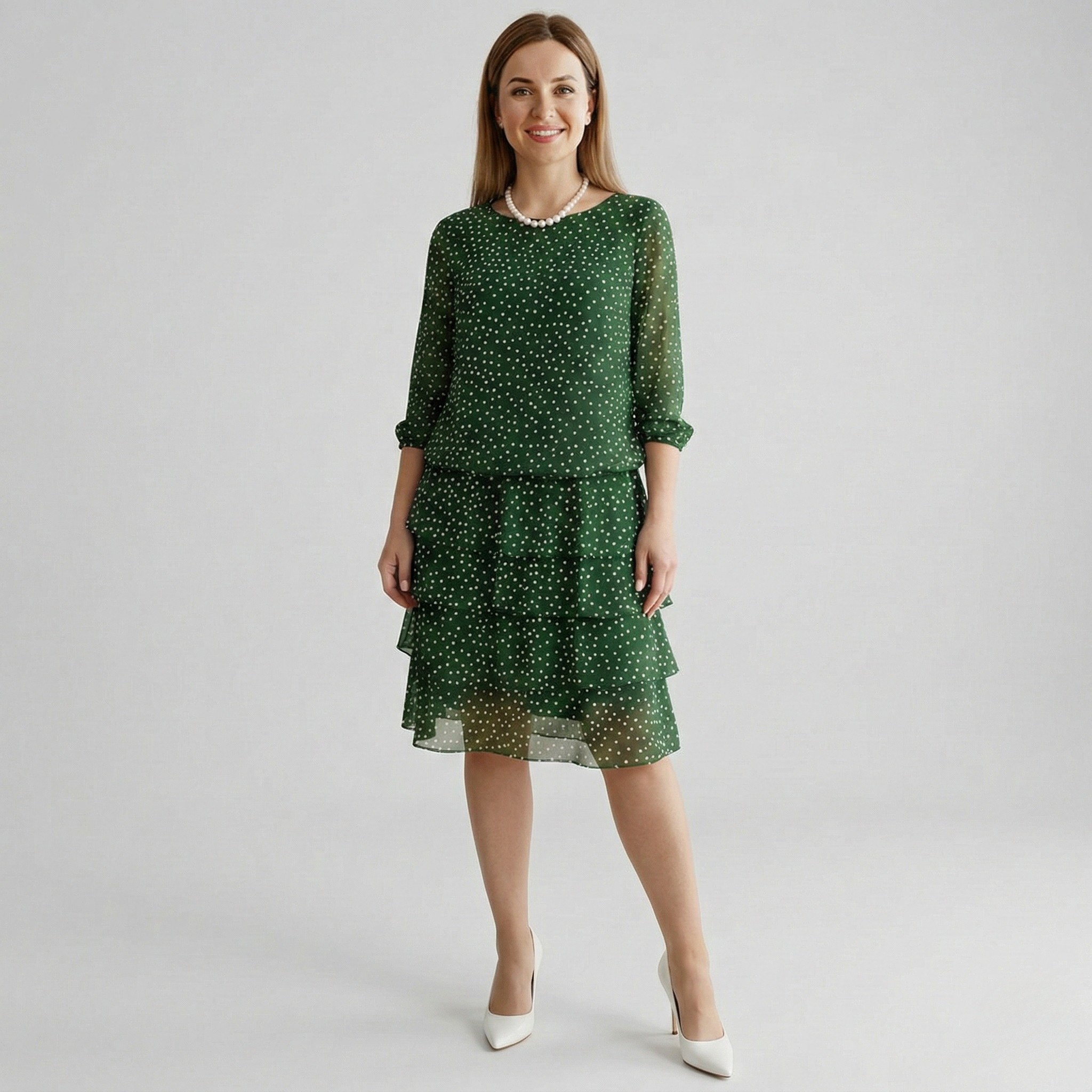 Vestito donna midi a pois con maniche 3/4 e gonna a balze elegante