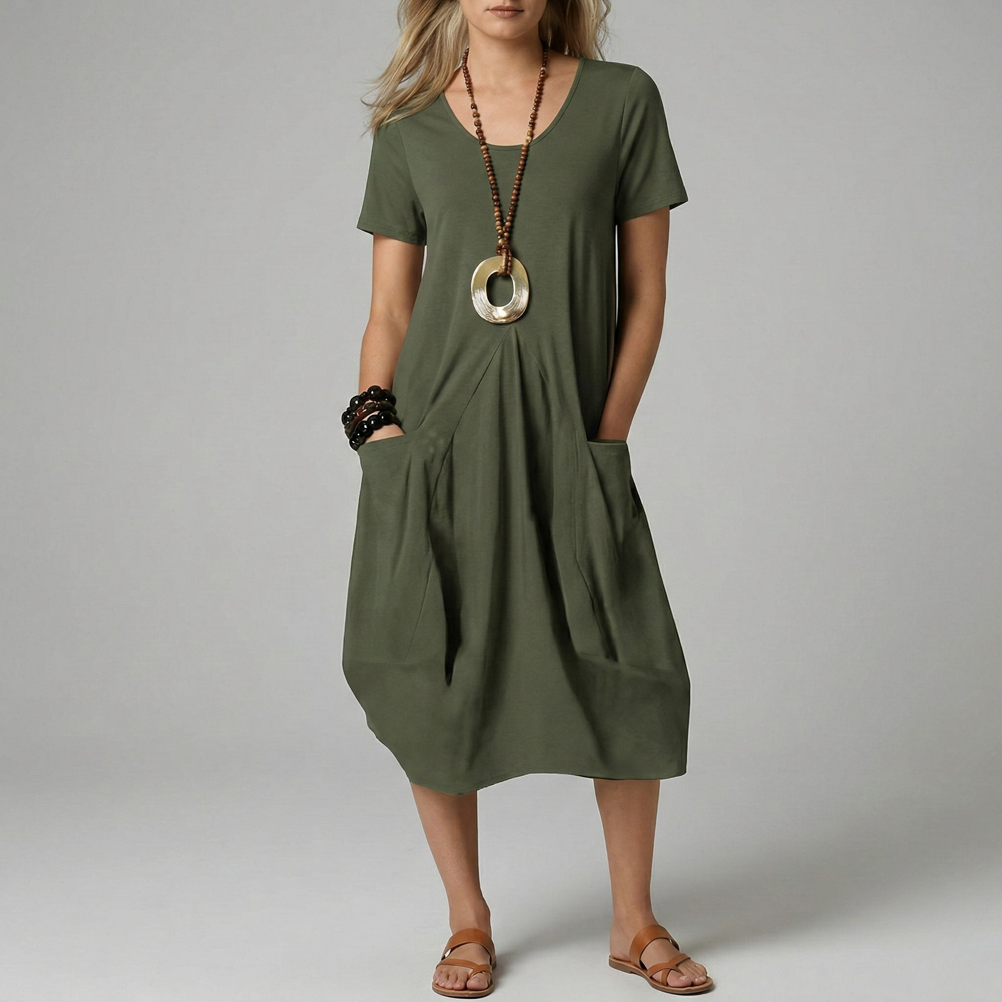 Vestito donna midi manica corta con tasche e scollo a V casual
