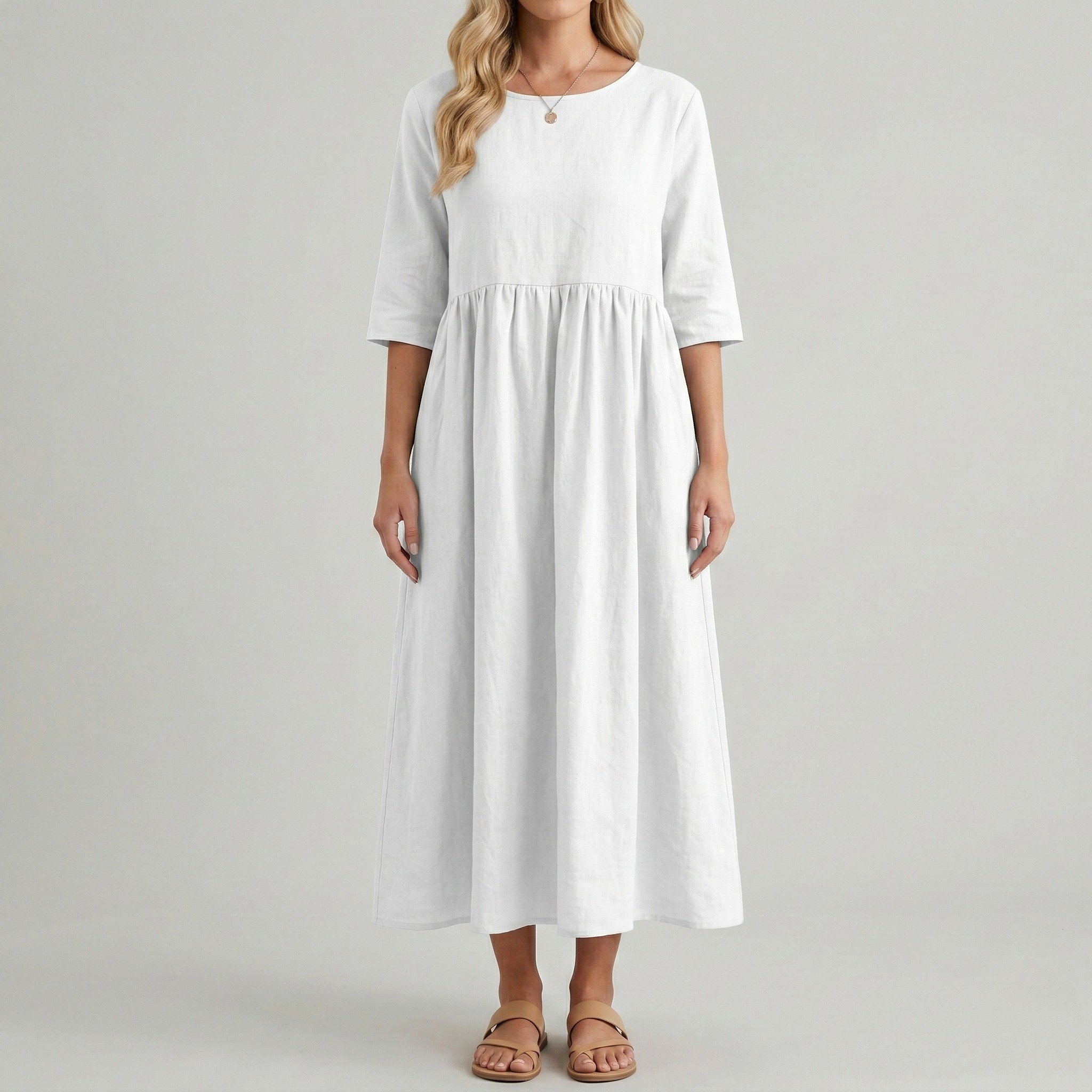 Women's midi cotton dress with short sleeves and casual side pockets