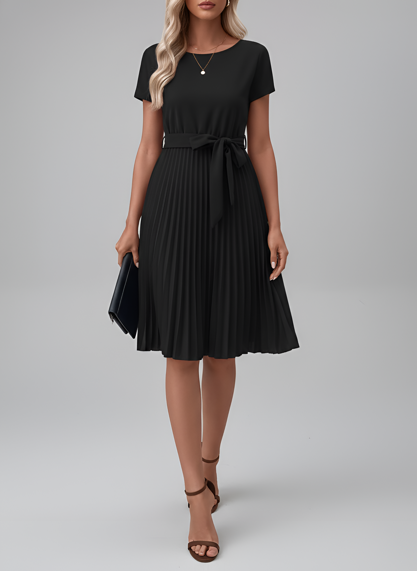 Women's Pleated Midi Dress with Belt and Short Sleeves in Fluid Fabric
