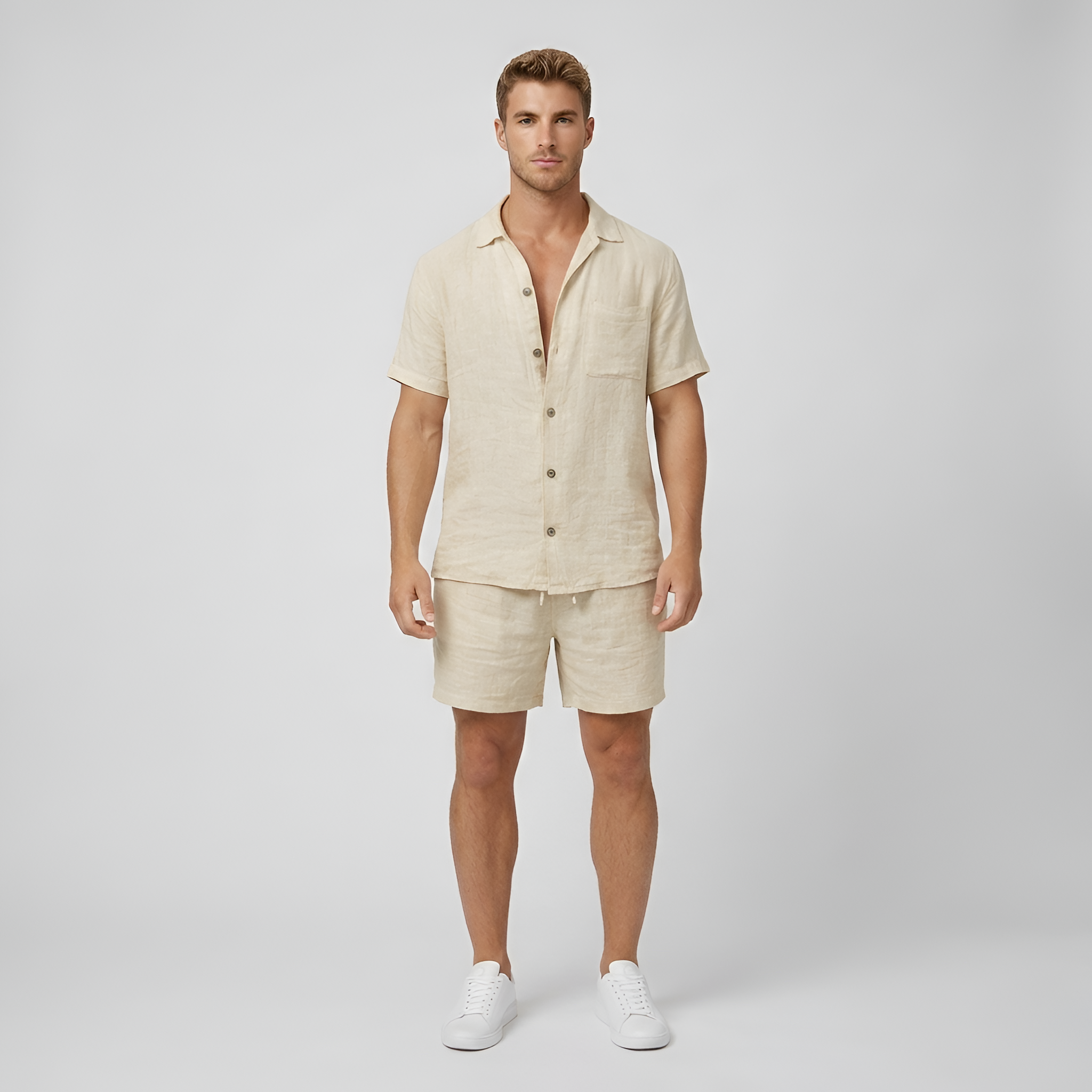Completo uomo in lino con camicia a maniche corte e bermuda coordinati