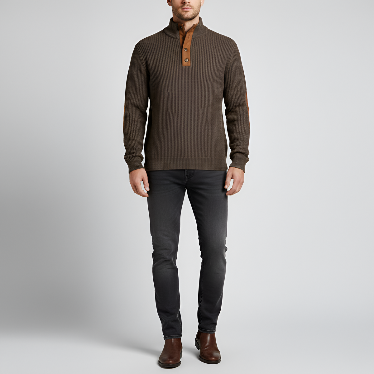 Valerios Fashion – męski prążkowany golf z łatami na łokciach