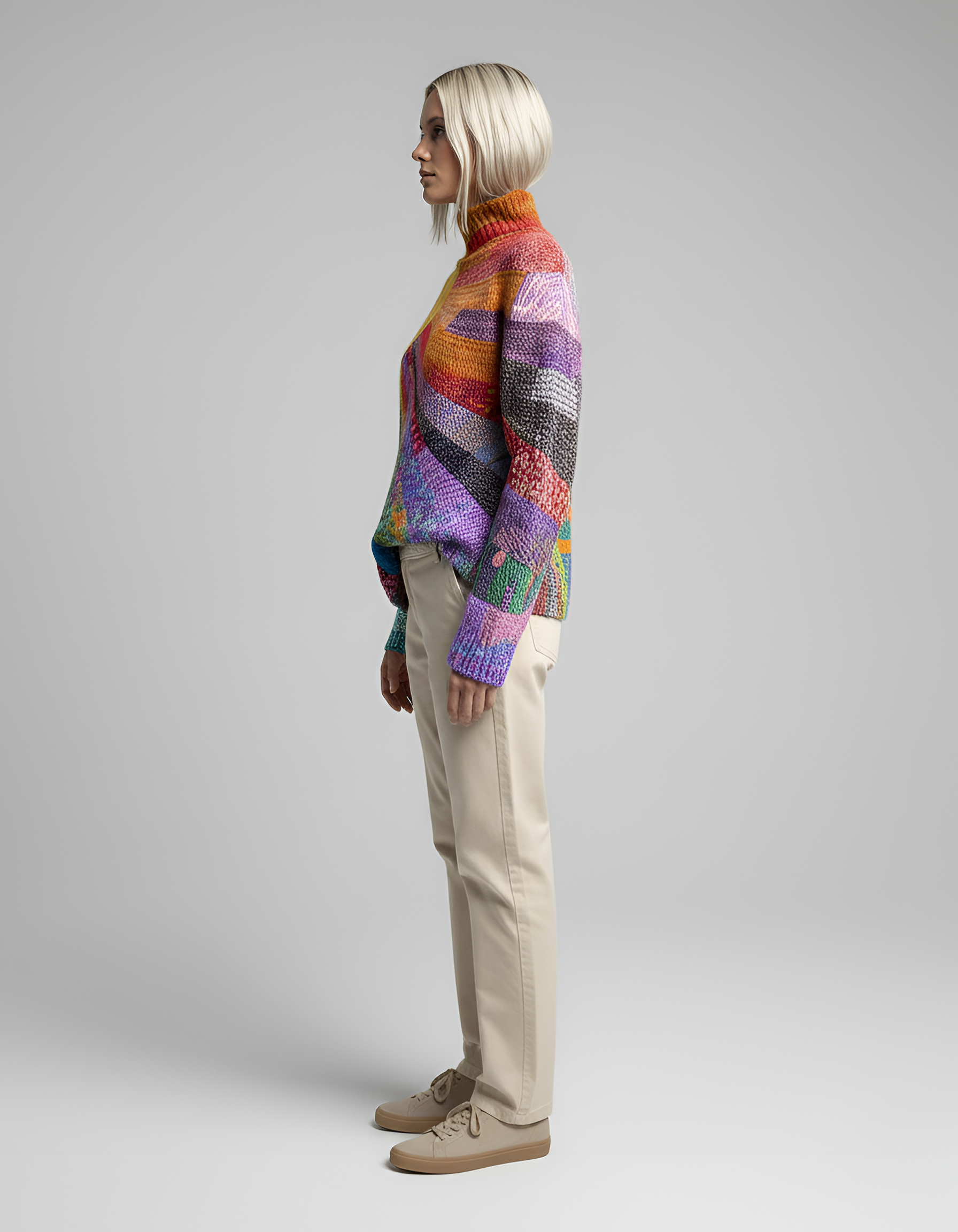 Maglione donna collo alto fantasia astratta in maglia morbida casual invernale