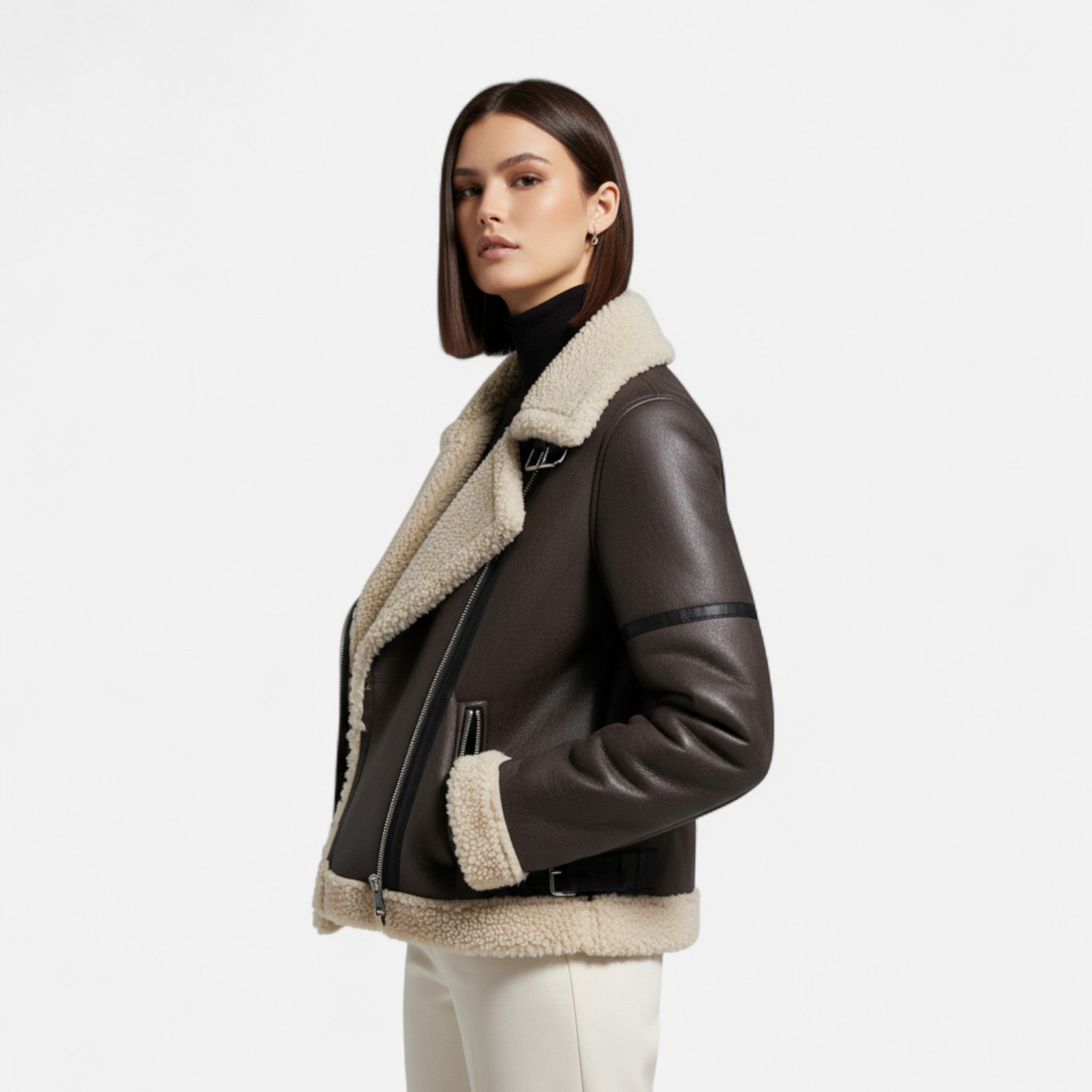 Giacca Aviator Donna con Collo Effetto Shearling e Cintura